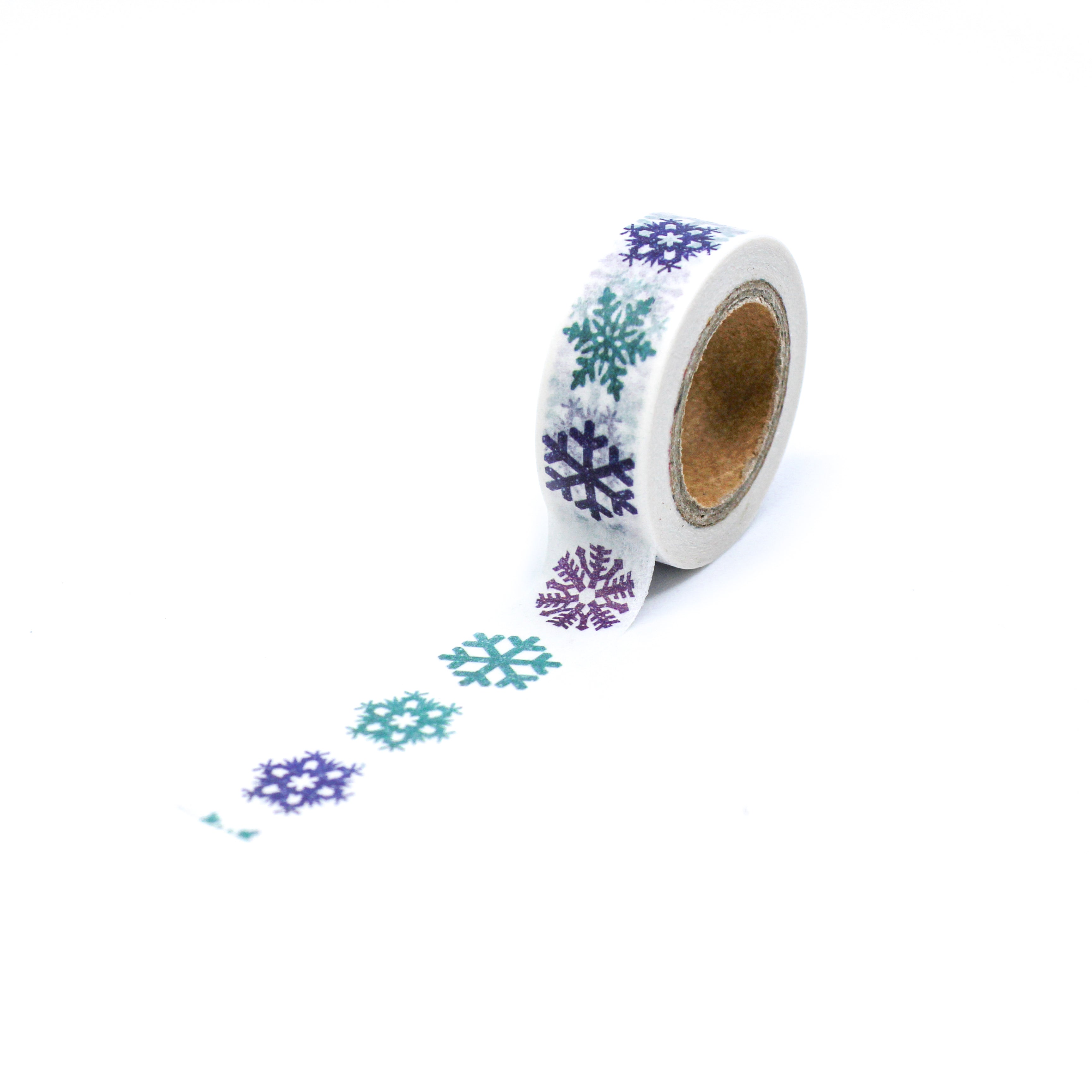 This is a full pattern repeat view of blue, green and purple snow flakes washi tape BBB Supplies Craft Shop