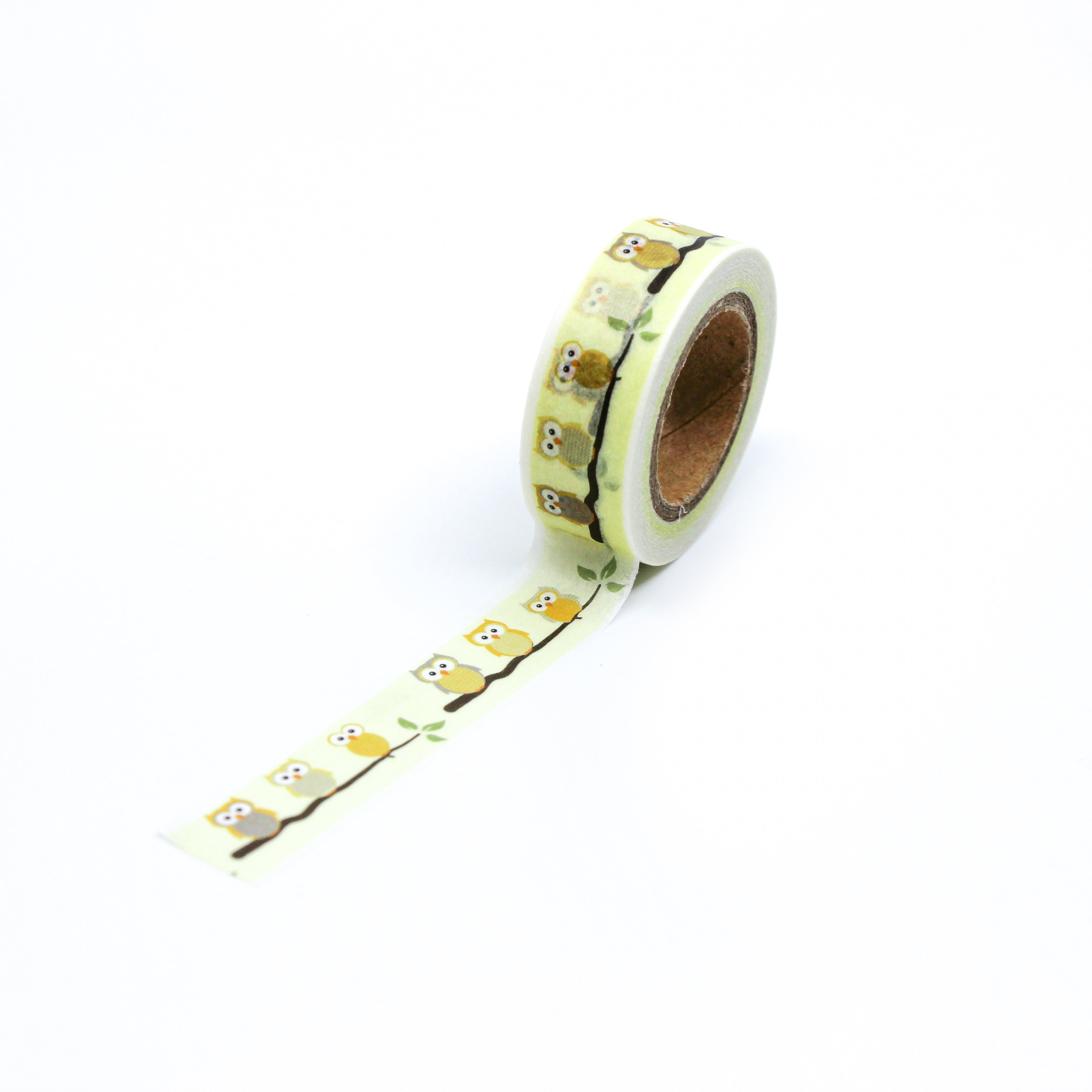 This is a full pattern repeat view of yellow owls on a branch washi tape BBB Supplies Craft Shop