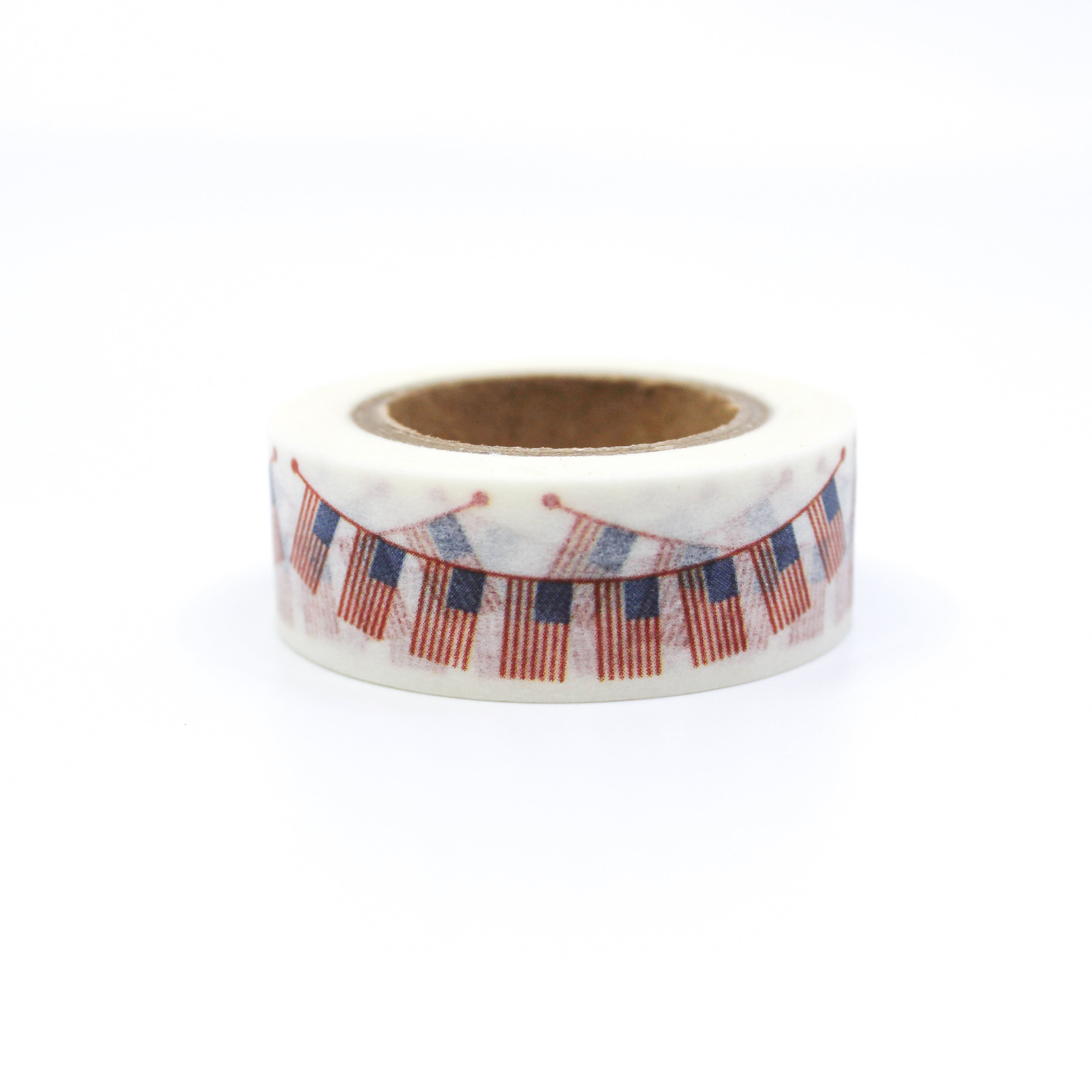 This is a cute multi-strung American flags pattern with white background washi tape from BBB Supplies Craft Shop