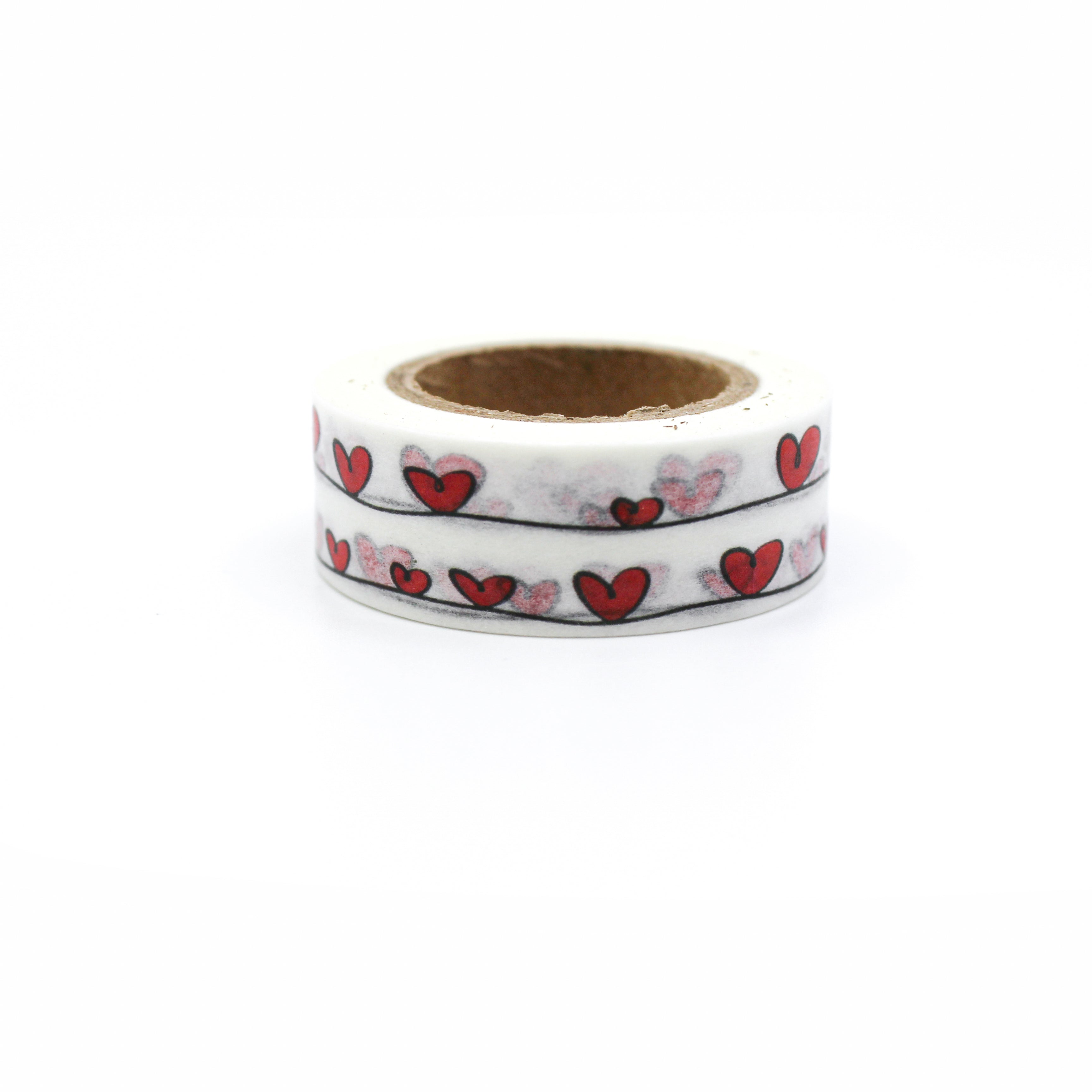 This is a red hearts on a wire pattern with white background washi tape from BBB Supplies Craft Shop