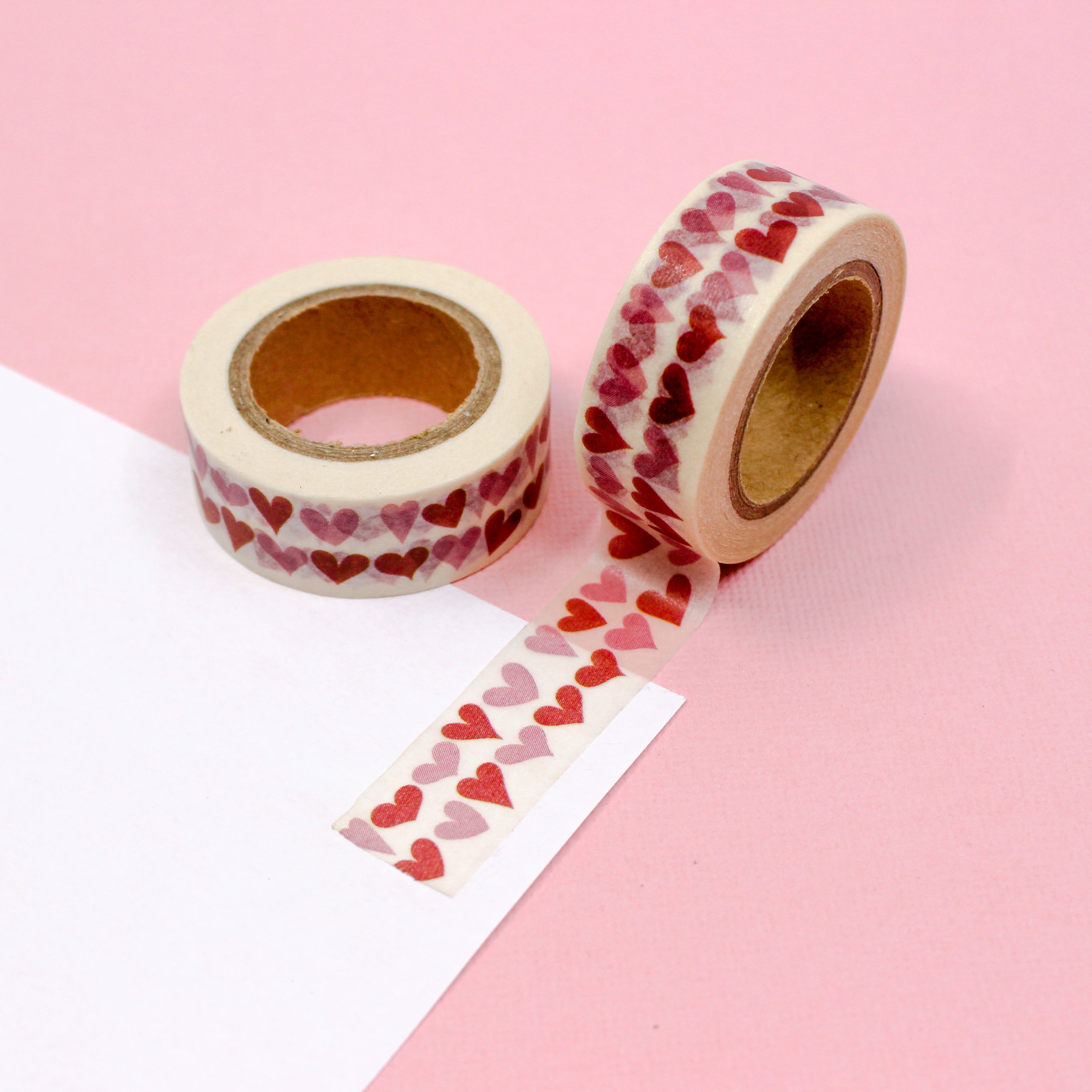 This is a red and pink skewed hearts pattern washi tape from BBB Supplies Craft Shop