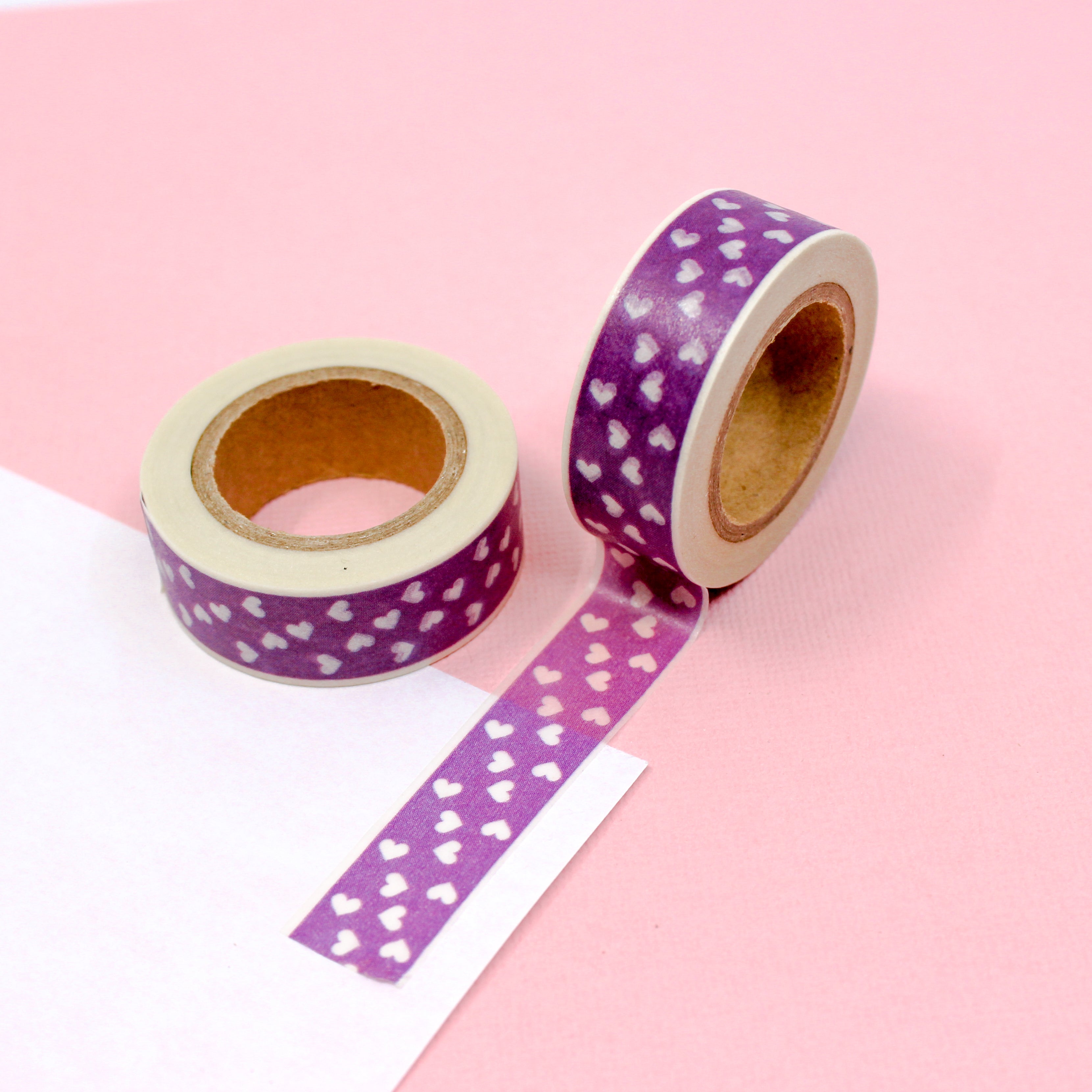 This is a purple multi hearts-themed washi tape from BBB Supplies Craft Shop