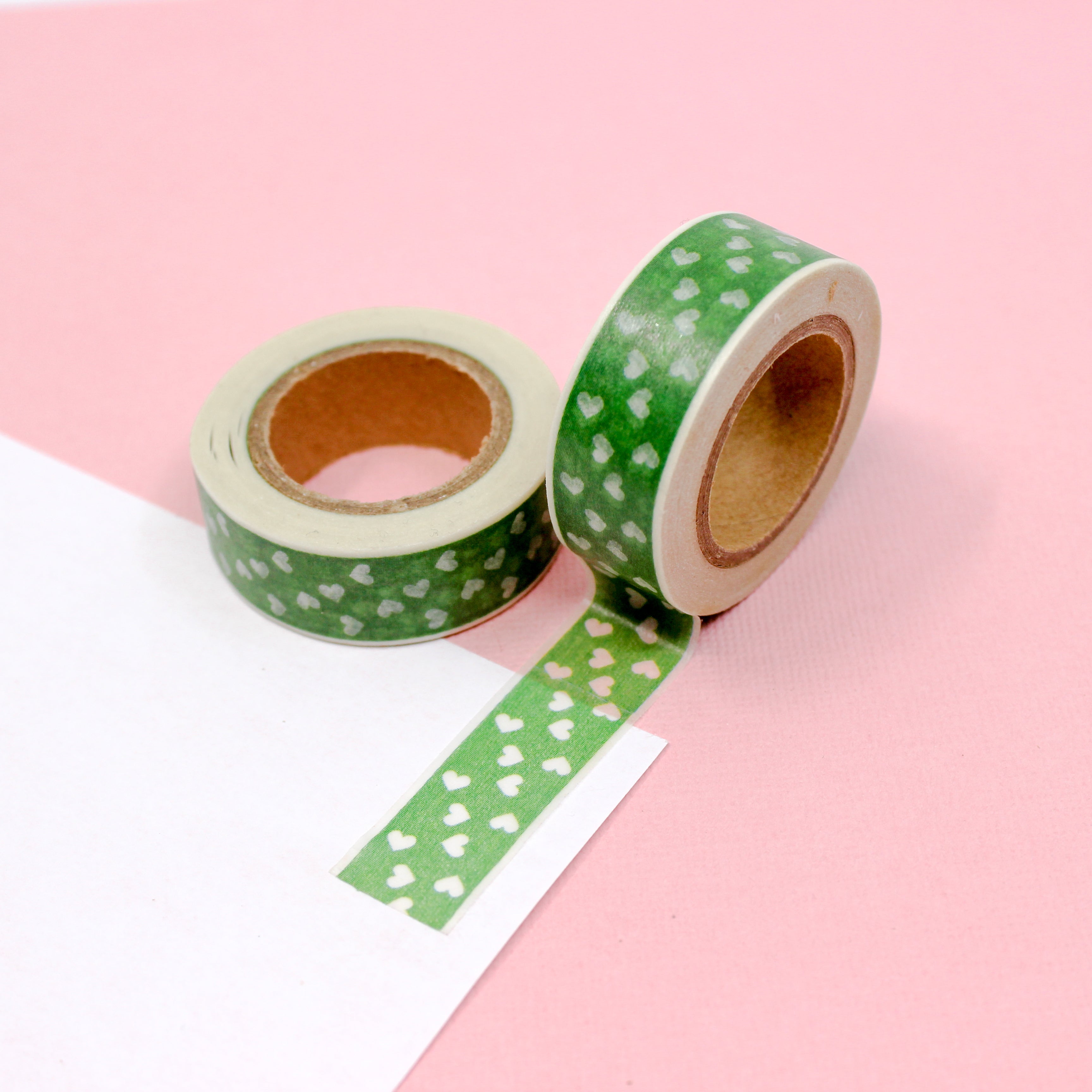 This is a green multi hearts-themed washi tape from BBB Supplies Craft Shop