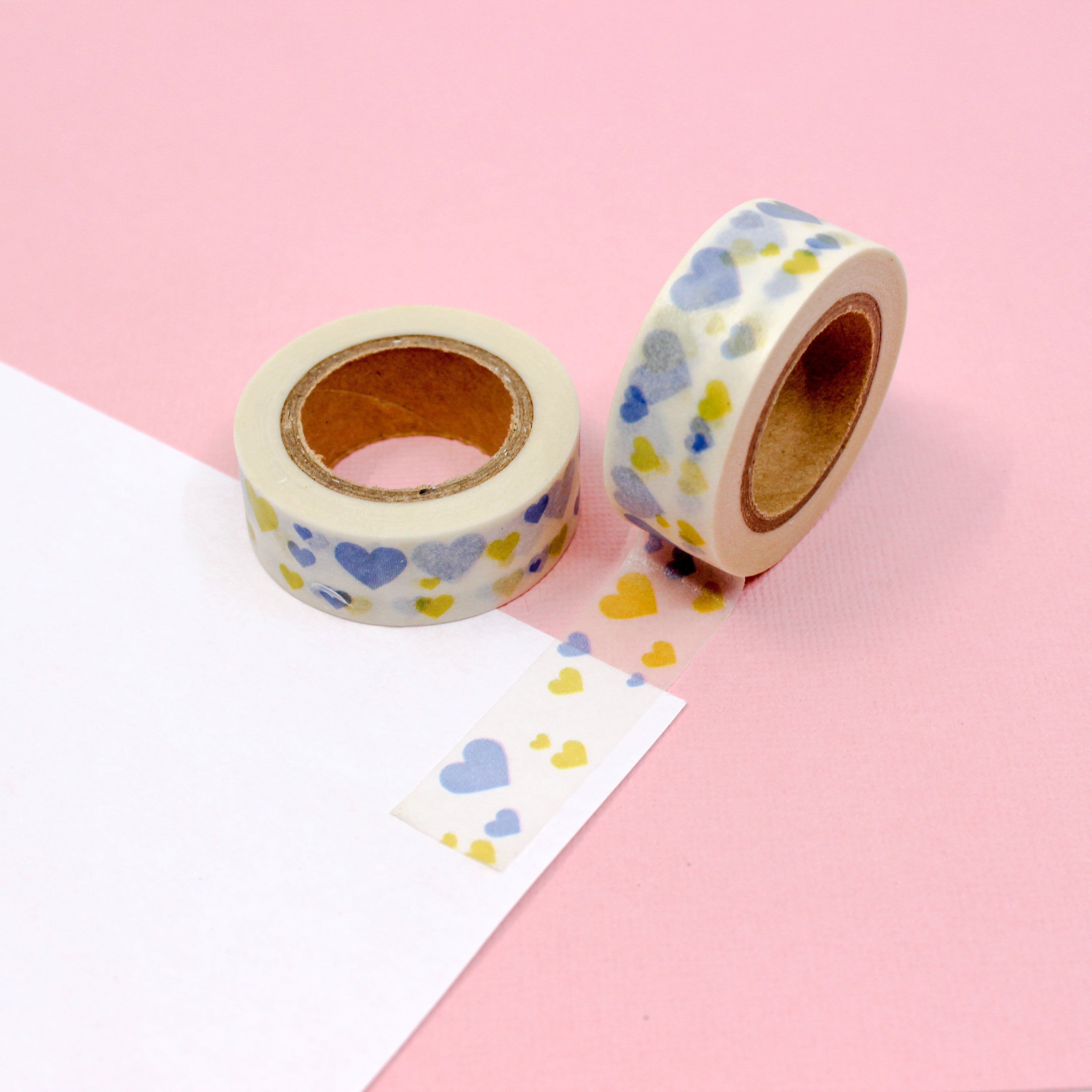 This is a blue and yellow multi-hearts themed washi tape from BBB Supplies Craft Shop