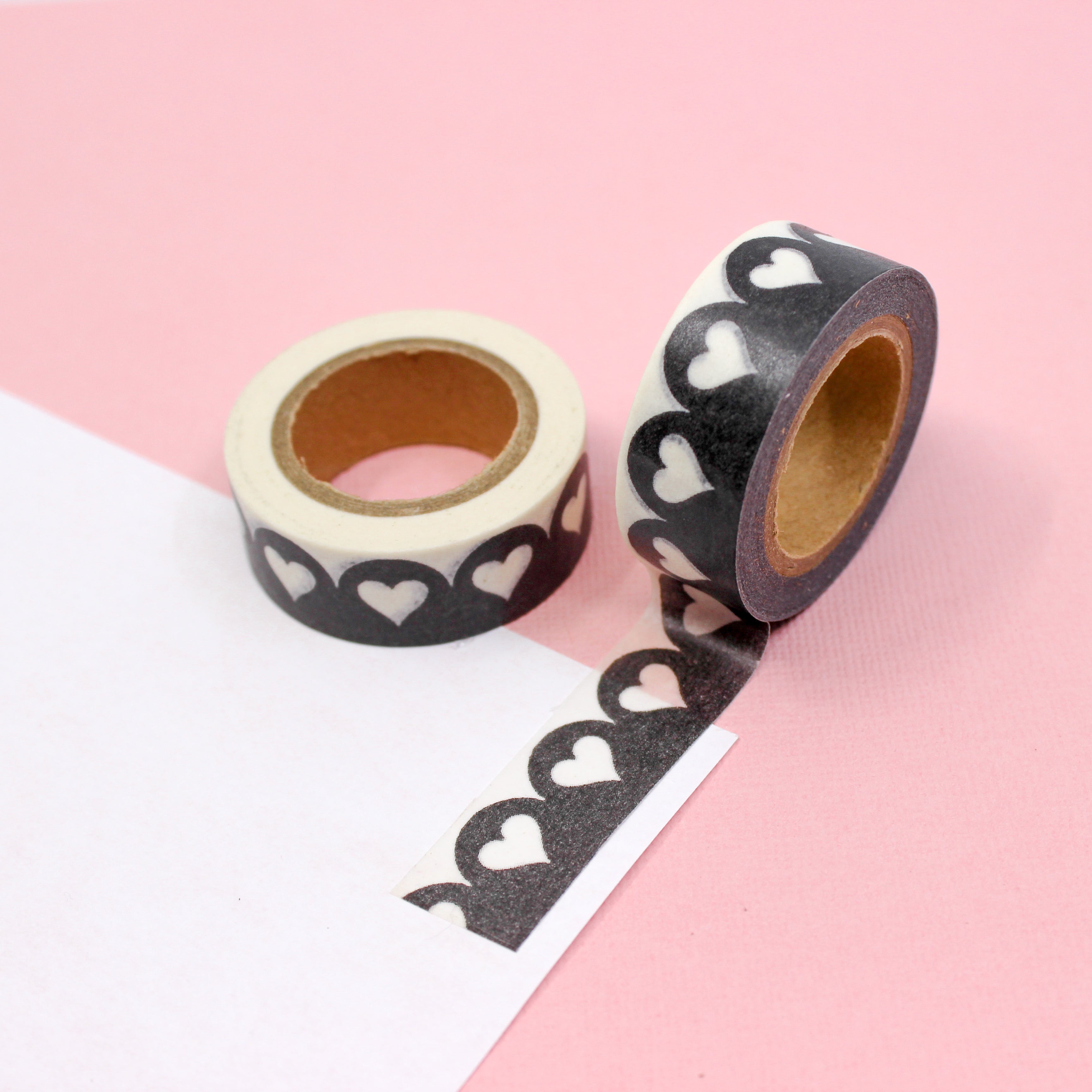 This is a black and white scallop edge hearts pattern washi tape from BBB Supplies Craft Shop