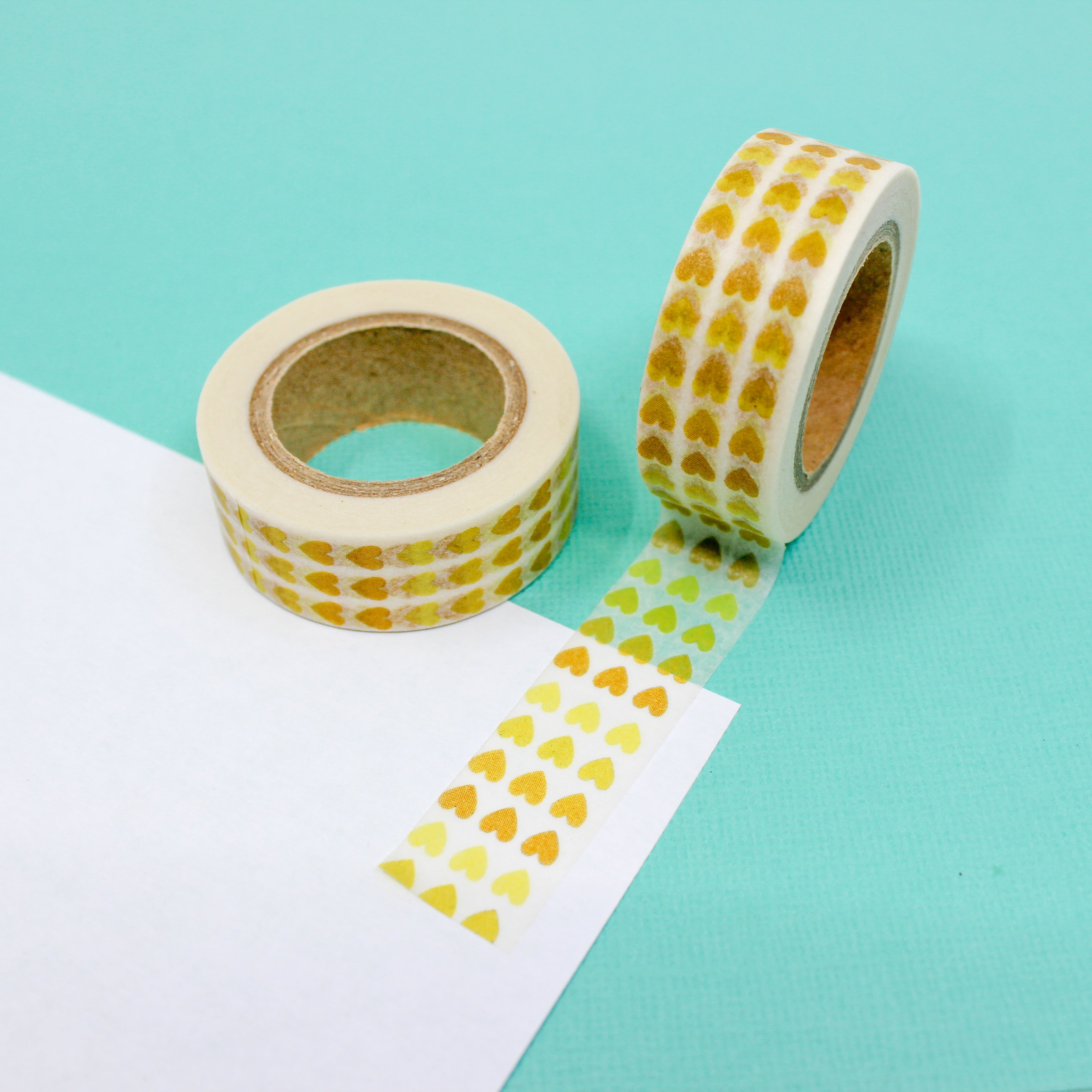 This is a monochromatic mini yellow hearts view themed washi tape from BBB Supplies Craft Shop