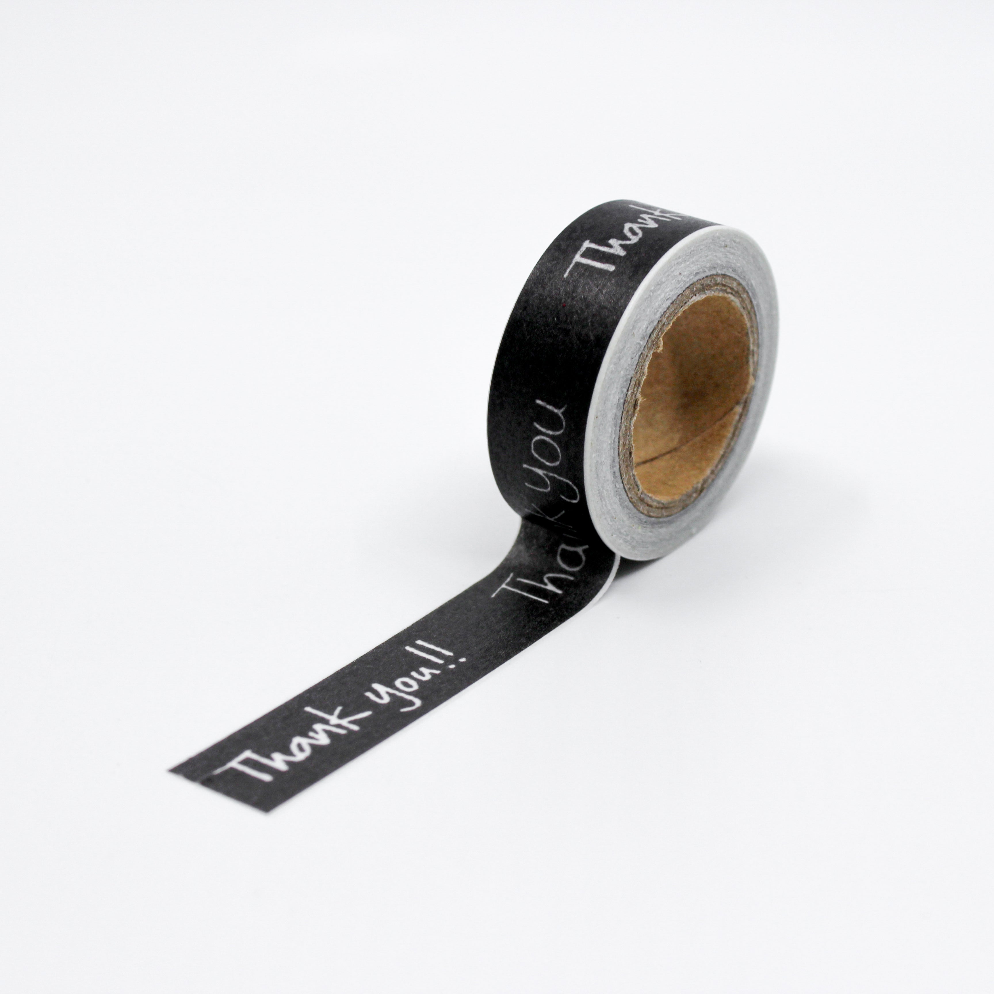 This is a full pattern of black and white thank you text washi tape from BBB Supplies Craft Shop
