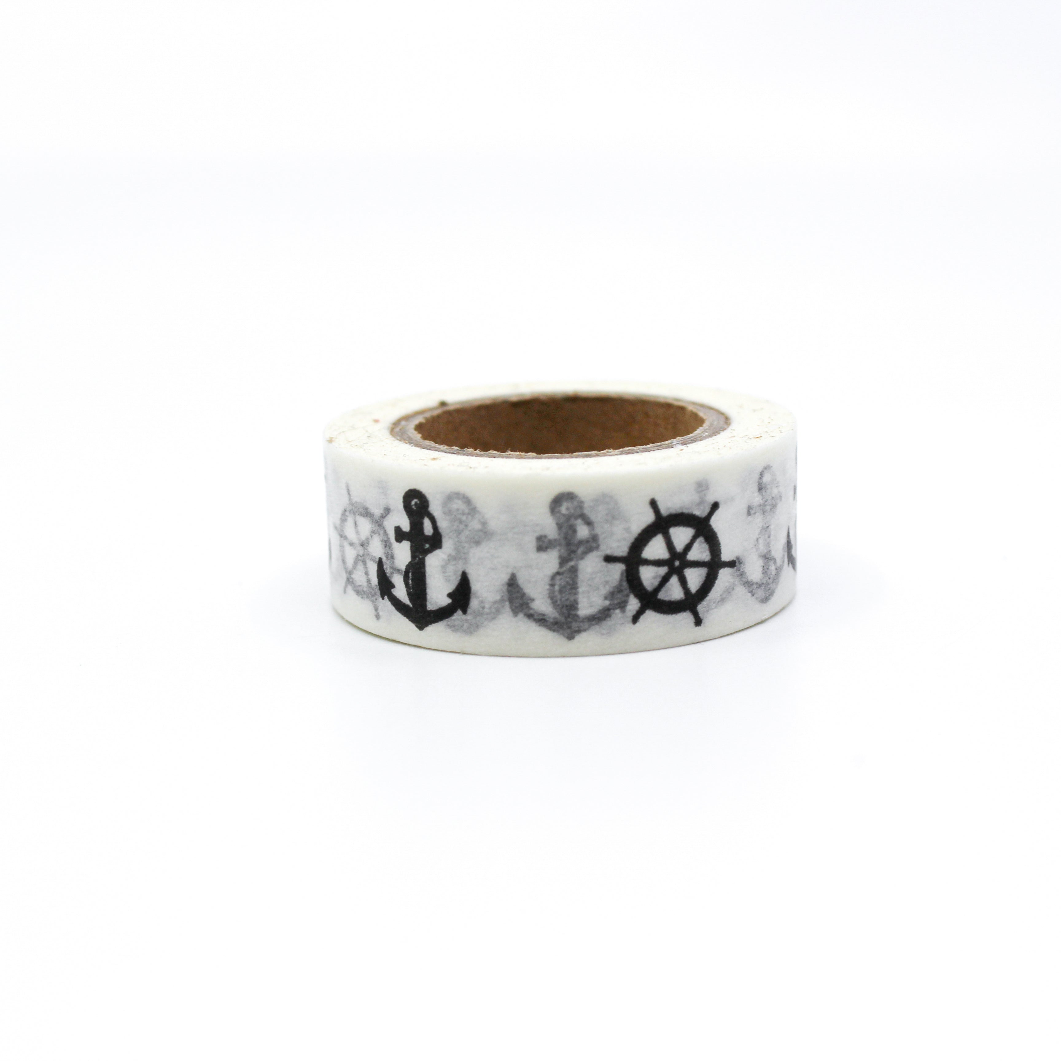 This is a black modern tiny hearts ship anchor and helms in a white background washi tape from BBB Supplies Craft Shop