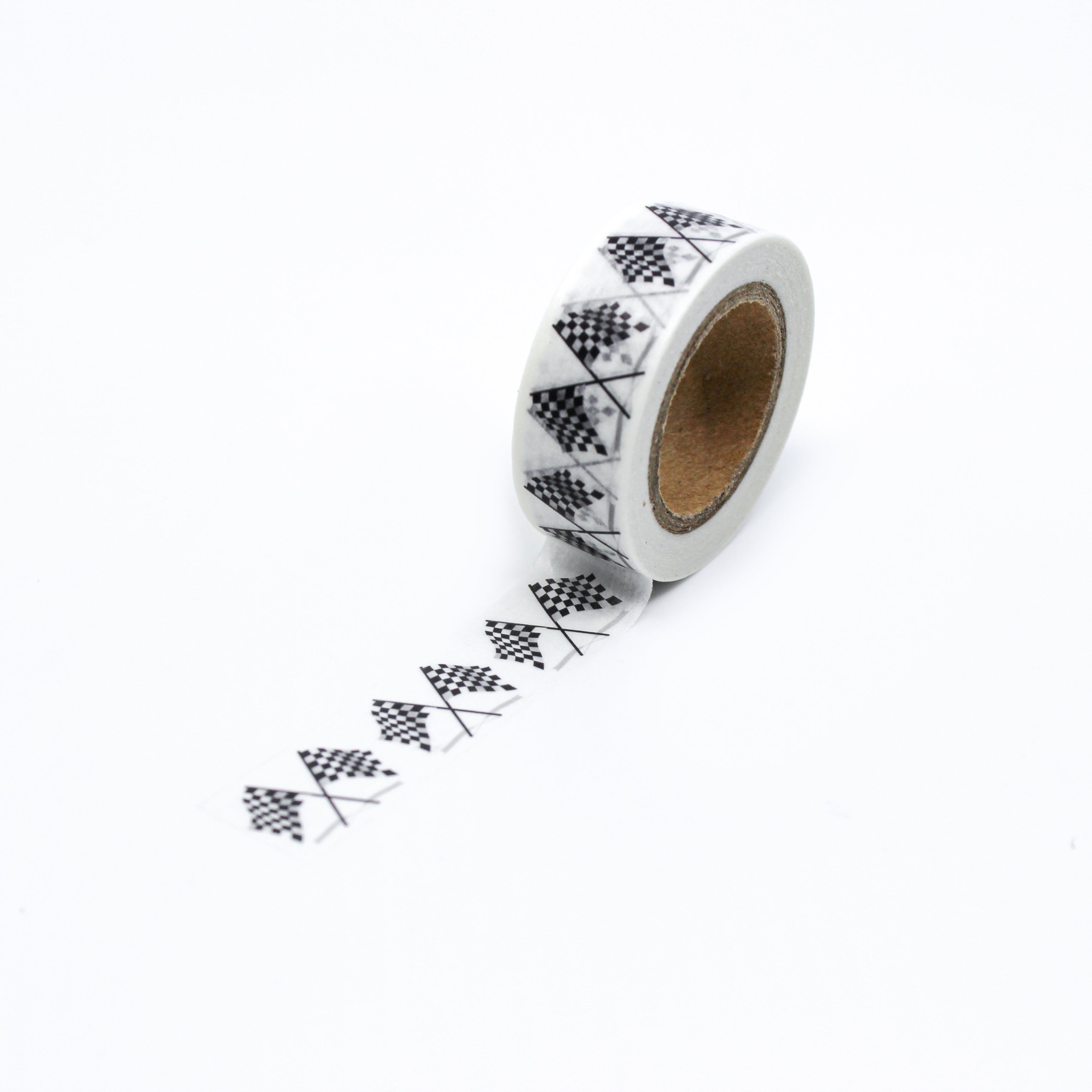 This is a full pattern repeat view of black and white racing car flags washi tape from BBB Supplies Craft Shop