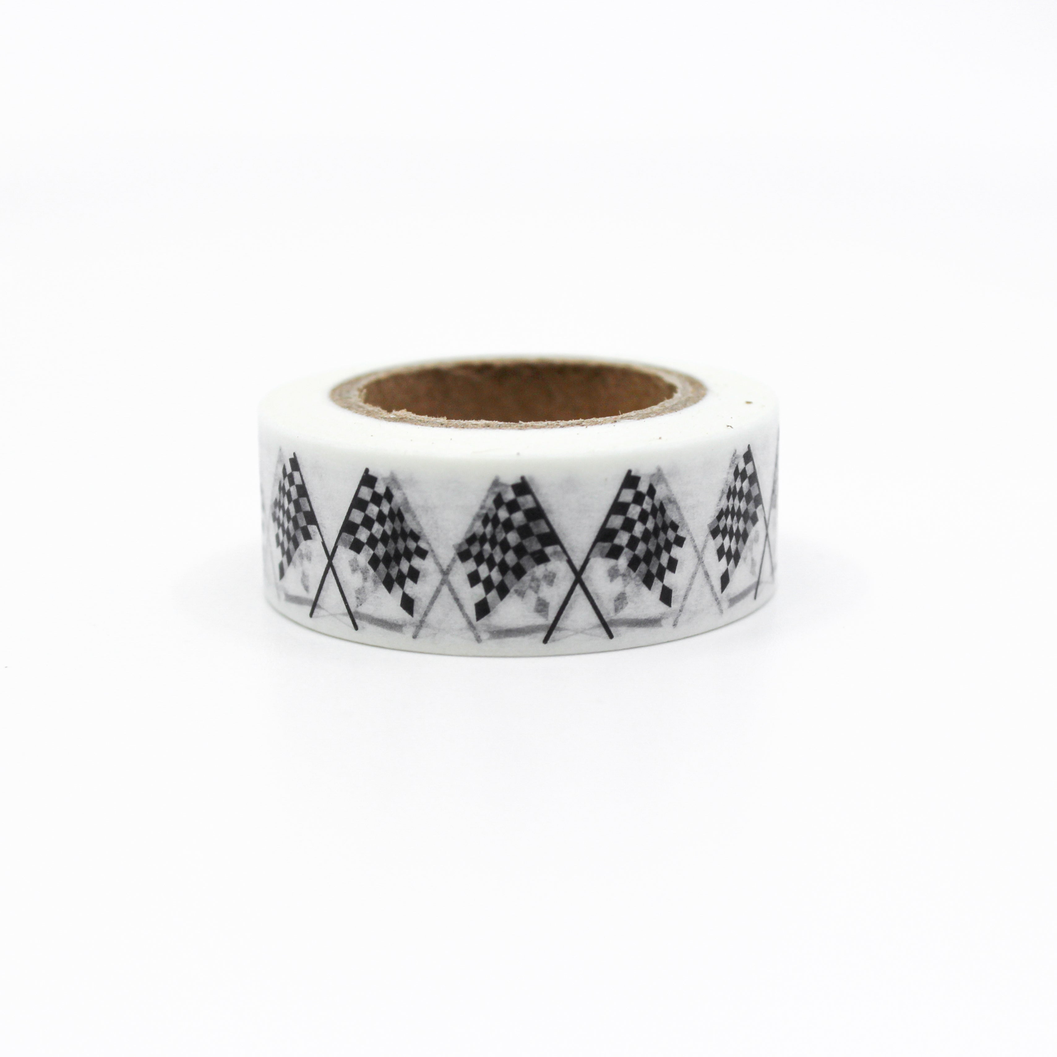 This is a black and white checkered flag used in motor car racings in a white background washi tape from BBB Supplies Craft Shop
