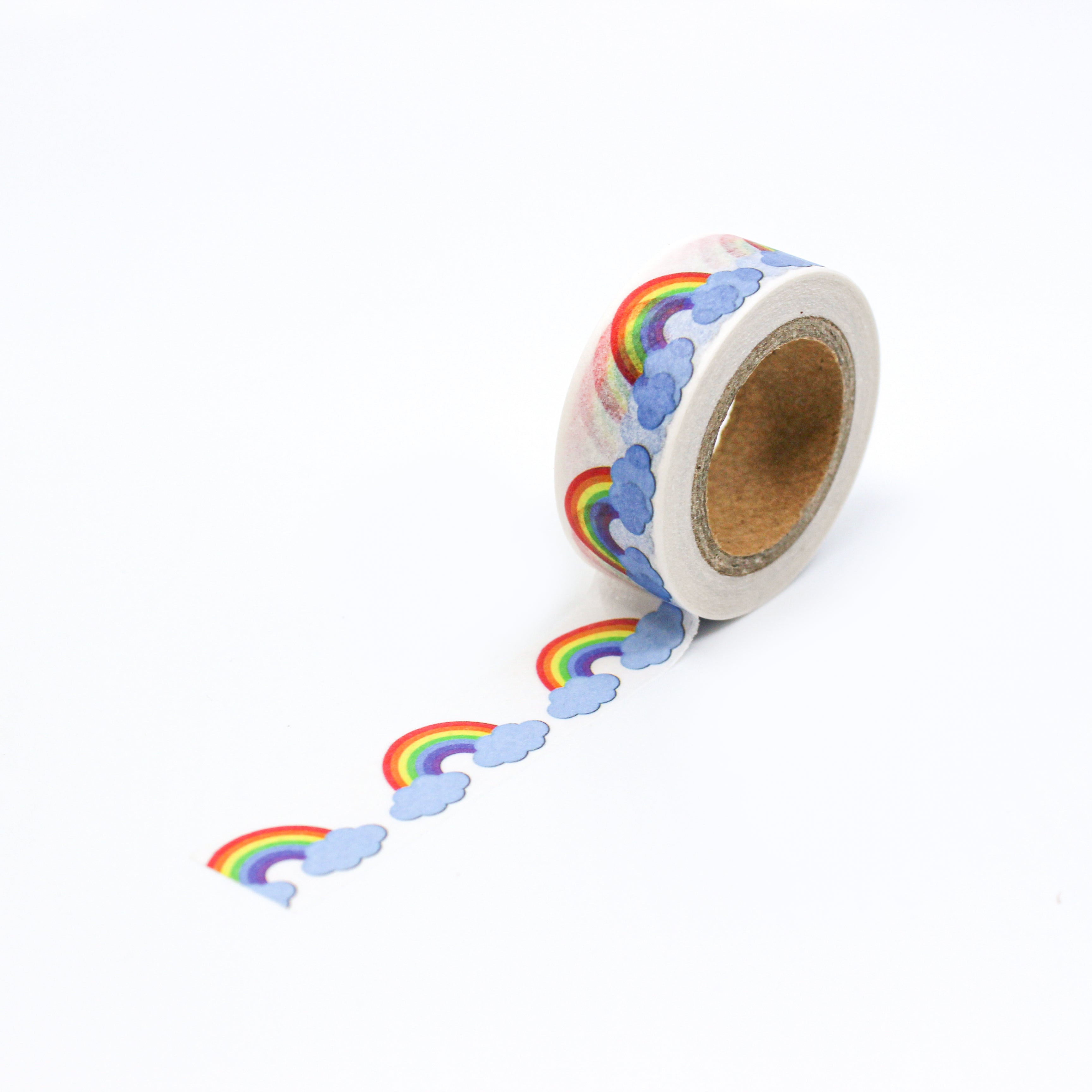 This is a full pattern repeat view of rainbow on a cloud washi tape from BBB Supplies Craft Shop