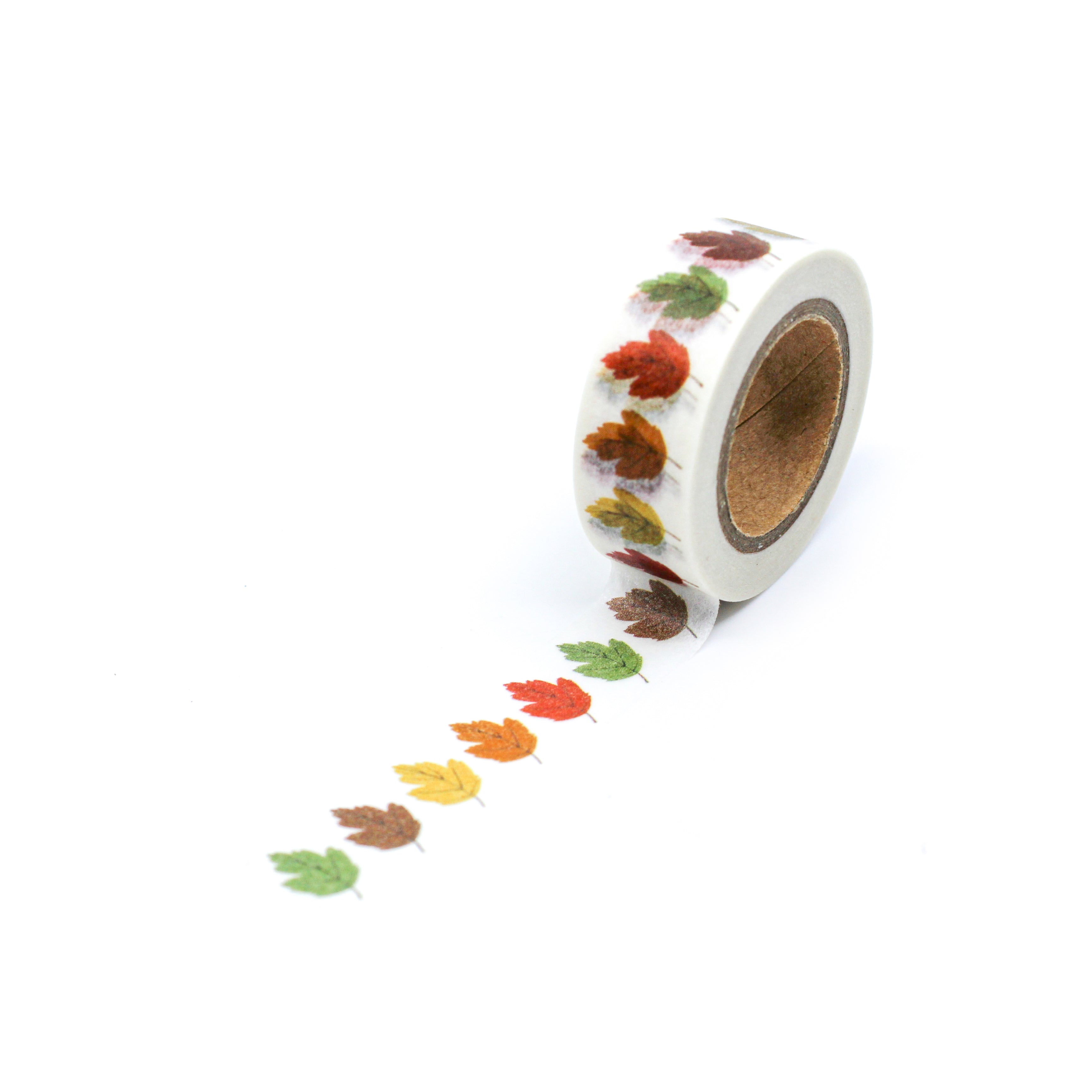 This is a full pattern repeat view of variety of colors of fall leaf washi tape from BBB Supplies Craft Shop