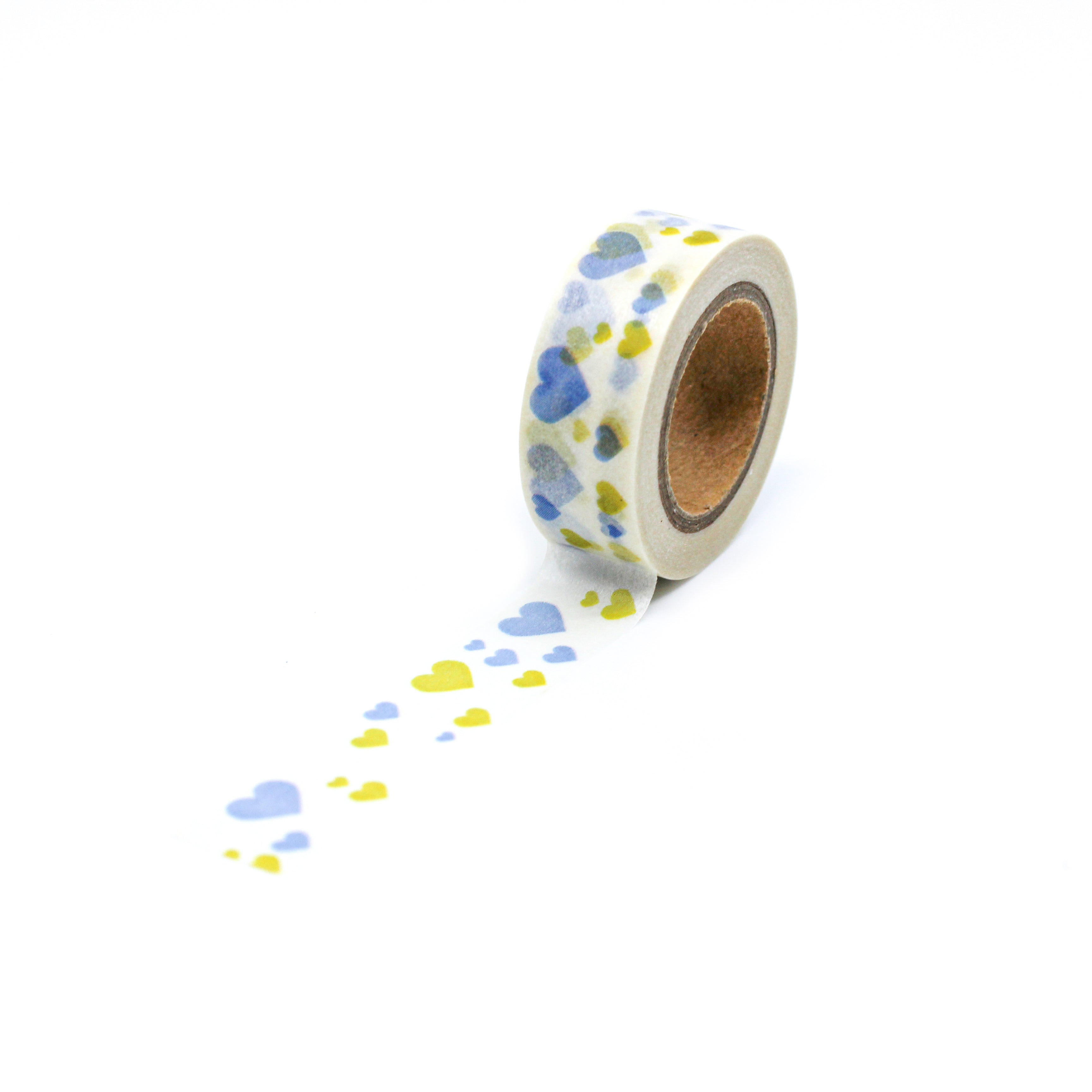 This is a full pattern repeat view of blue and yellow multi-hearts washi tape BBB Supplies Craft Shop