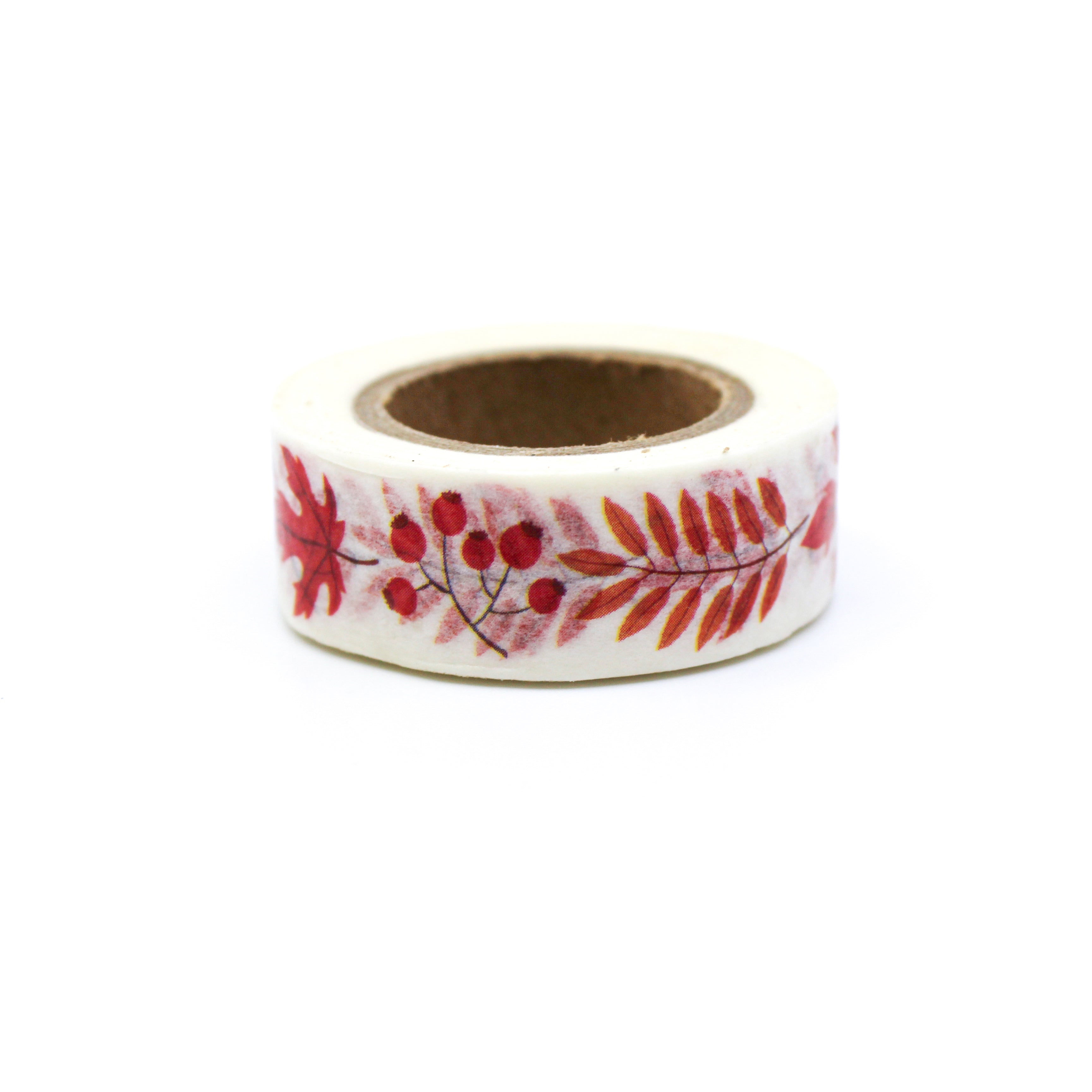 This is a modern autumn leaf pattern in a white background washi tape from BBB Supplies Craft Shop