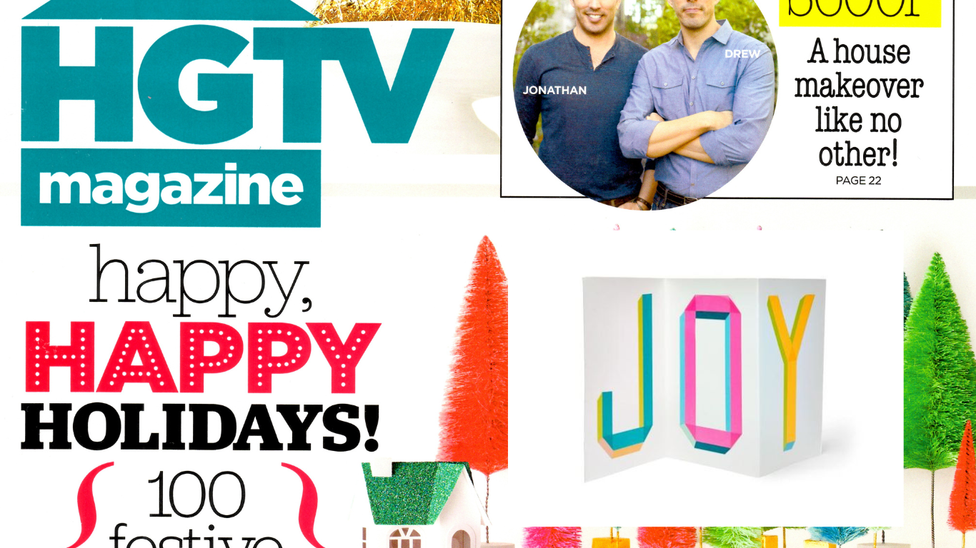 BBB Supplies feature in HGTV magazine. This fun DIY using our washi tape to make a Joy Holiday card is a timeless project.