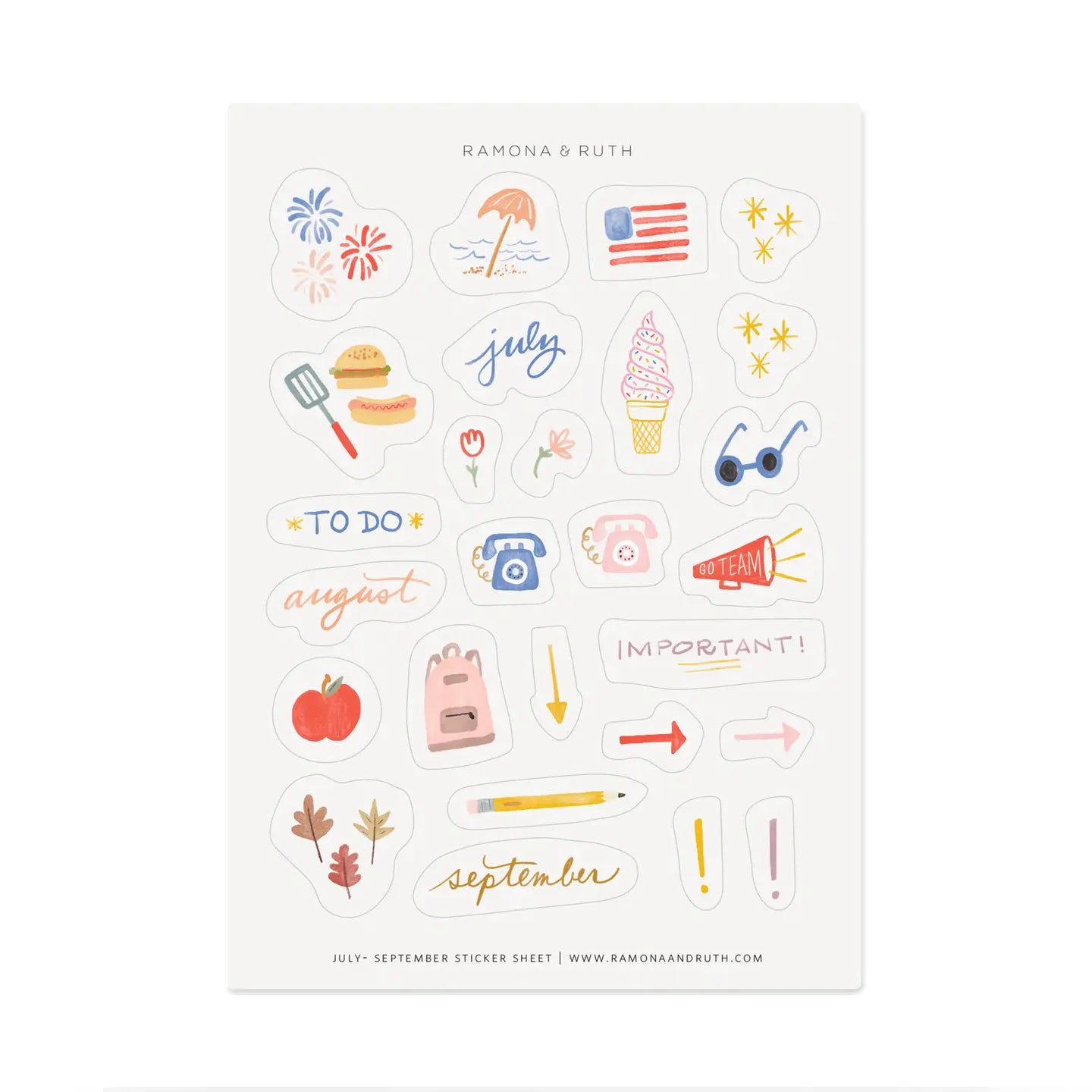 Cute monthly planner stickers for July, August, and September