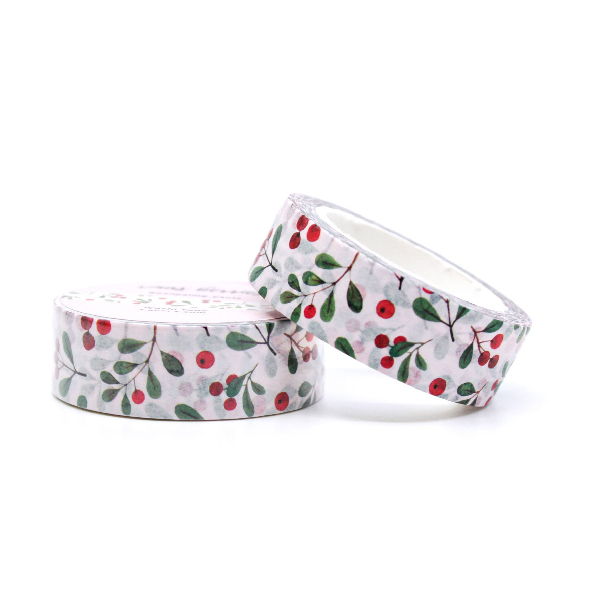 Christmas-themed washi tape with red berries and greenery for Bujo, scrapbooking, and stationery crafts.