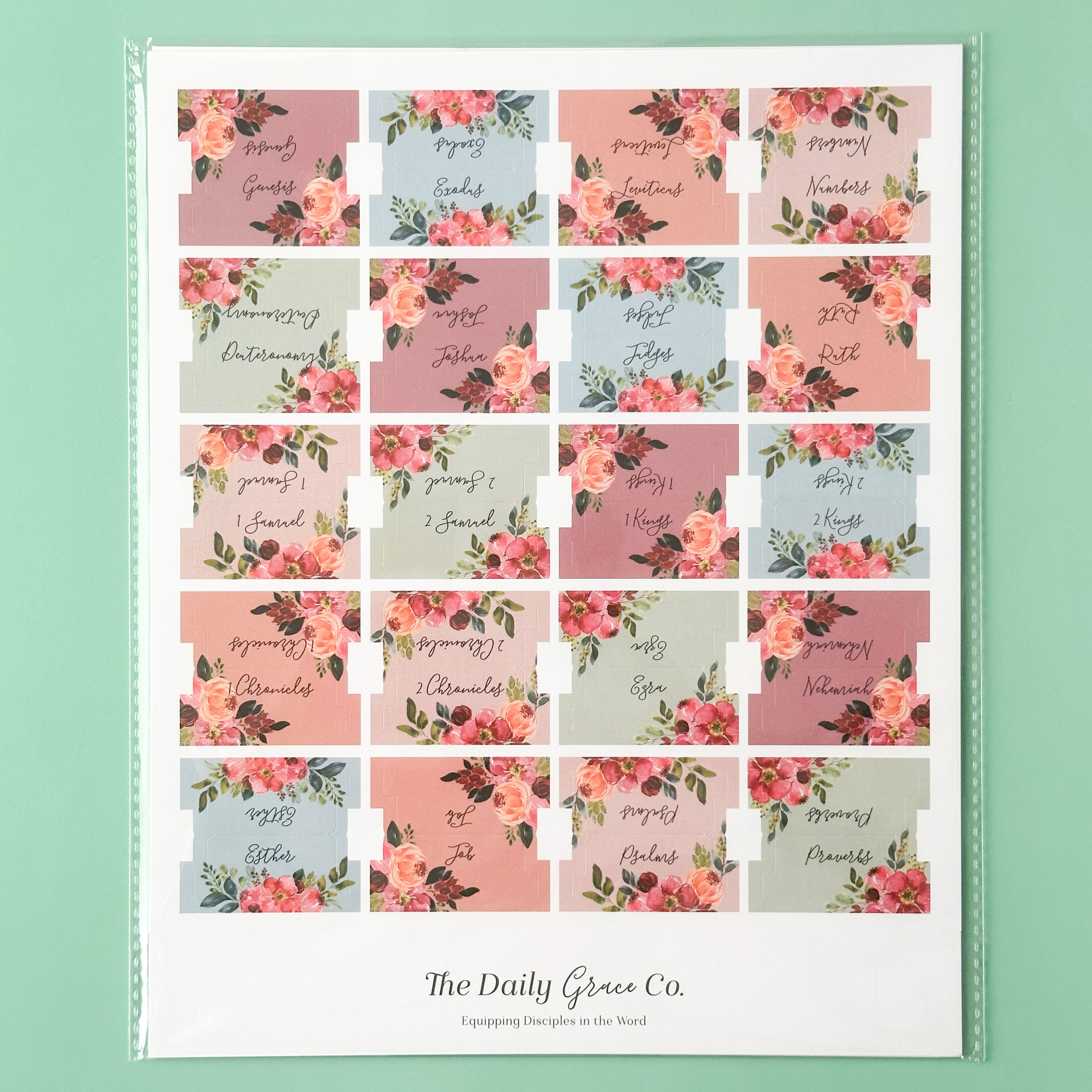 These beautifully decorative and vibrant books of the bible tabs are self-adhesive, making it easy to navigate your Bible during your bible journaling and Bible Studies. Available in several colors at BBB Supplies Craft Shop. 