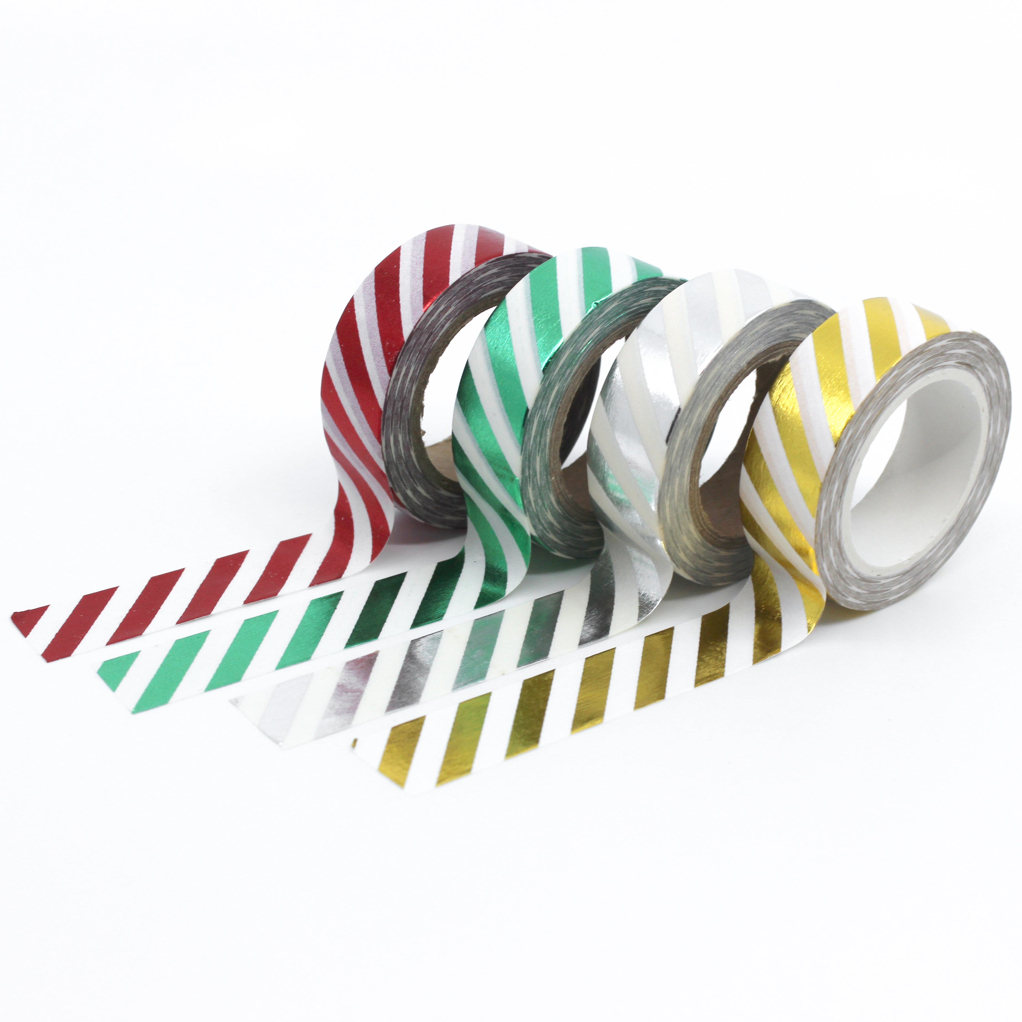 Elevate your creations with our captivating diagonal stripe foil washi tape, showcasing dynamic diagonal stripes in metallic foil that bring a sense of luxury and texture to your projects. This tape is sold at BBB Supplies Craft Shop.