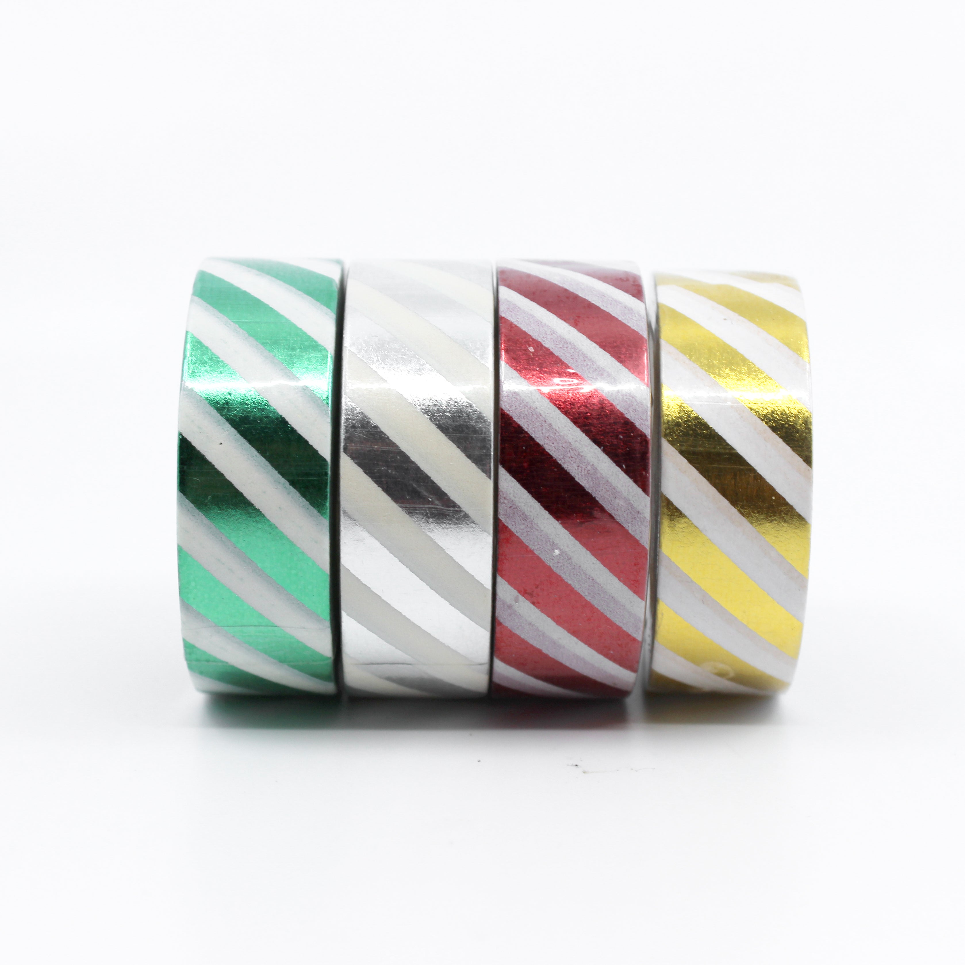 Add a touch of sophistication to your crafts with our diagonal stripe foil washi tape, featuring sleek diagonal stripes in shimmering foil, perfect for creating elegant and eye-catching accents. This tape is sold at BBB Supplies Craft Shop.