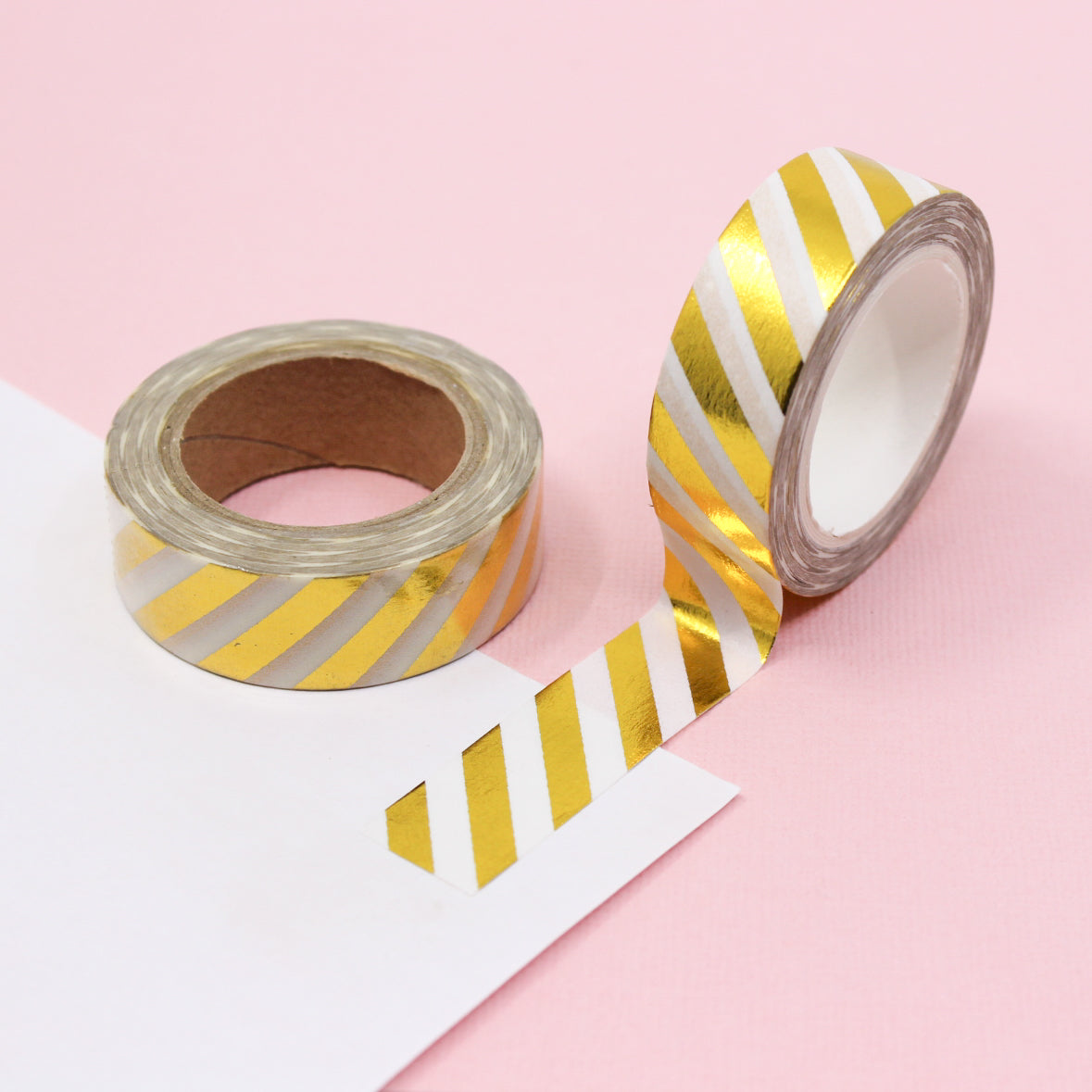 Elevate your creations with our captivating diagonal stripe foil washi tape, showcasing dynamic diagonal stripes in metallic foil that bring a sense of luxury and texture to your projects. This tape is sold at BBB Supplies Craft Shop.