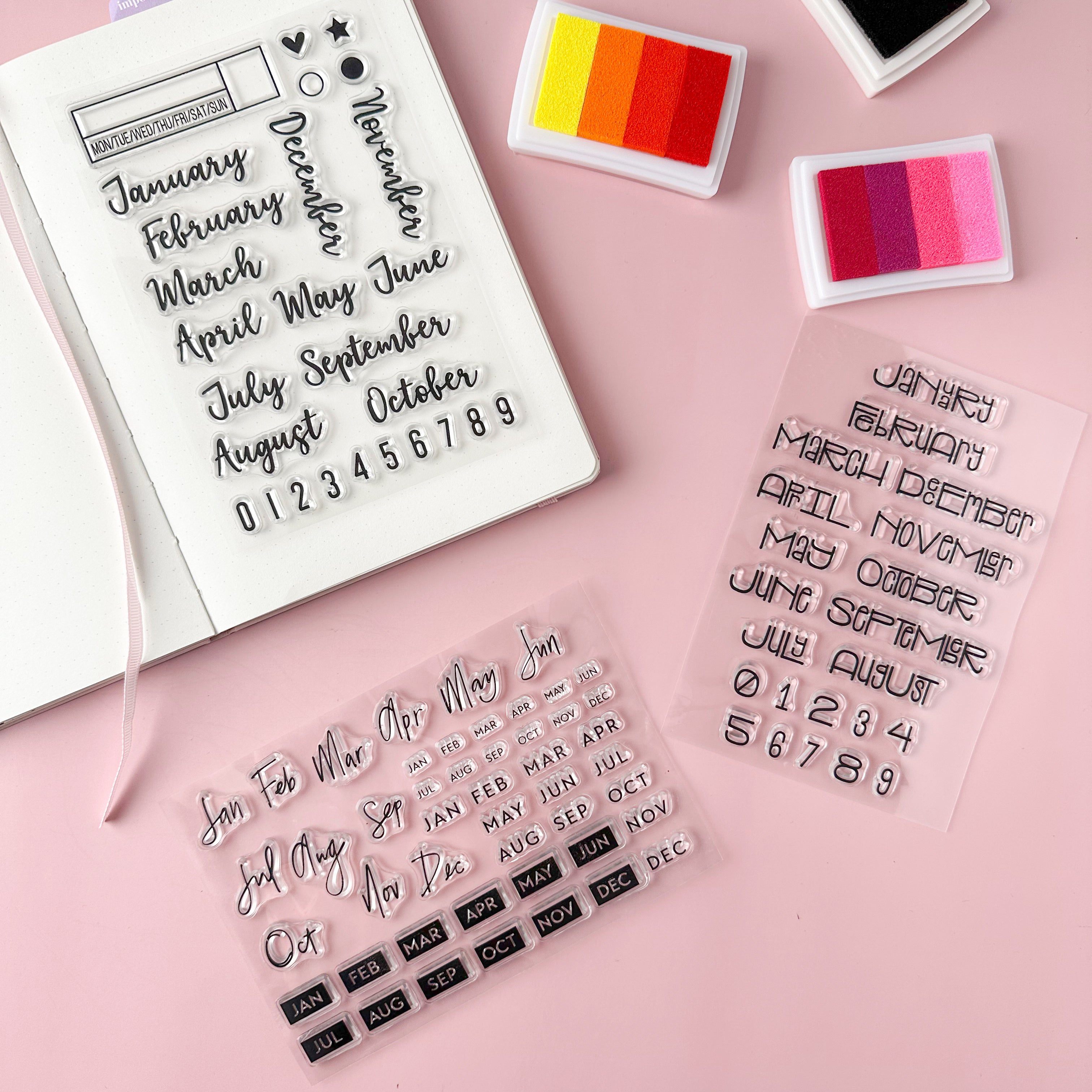 Enhance your productivity with our practical silicone stamps, featuring elegant script and text with months and days of the week, providing a convenient solution for creating beautiful and organized habit trackers. These stamps are sold at BBB Supplies Craft Shop.