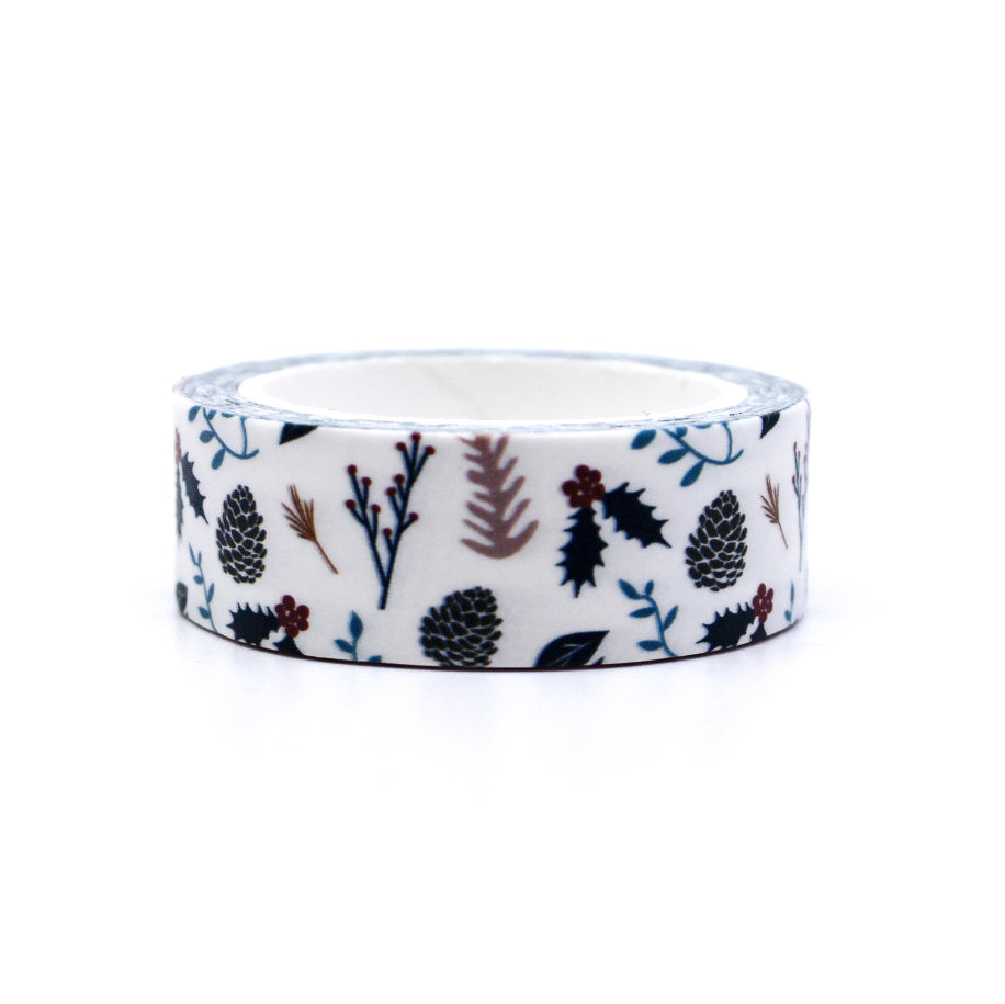Holly & Pine Cones Winter Foil Washi Tape featuring elegant gold foil accents on a deep green background, adorned with festive holly and pine cone motifs, ideal for adding a touch of sophistication to your holiday crafting projects. This tape is from Maylay Co. and sold at BBB Supplies Craft Shop.