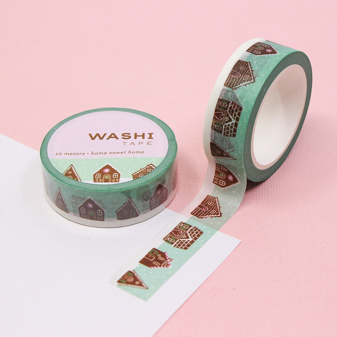 Home Sweet Home Washi Tape featuring gingerbread houses on mint green background — cozy holiday journaling tape.