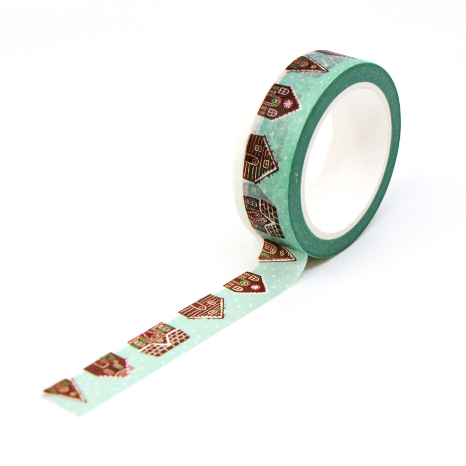 Cute cottage-style washi tape featuring winter homes on mint green background — ideal for Christmas spreads.