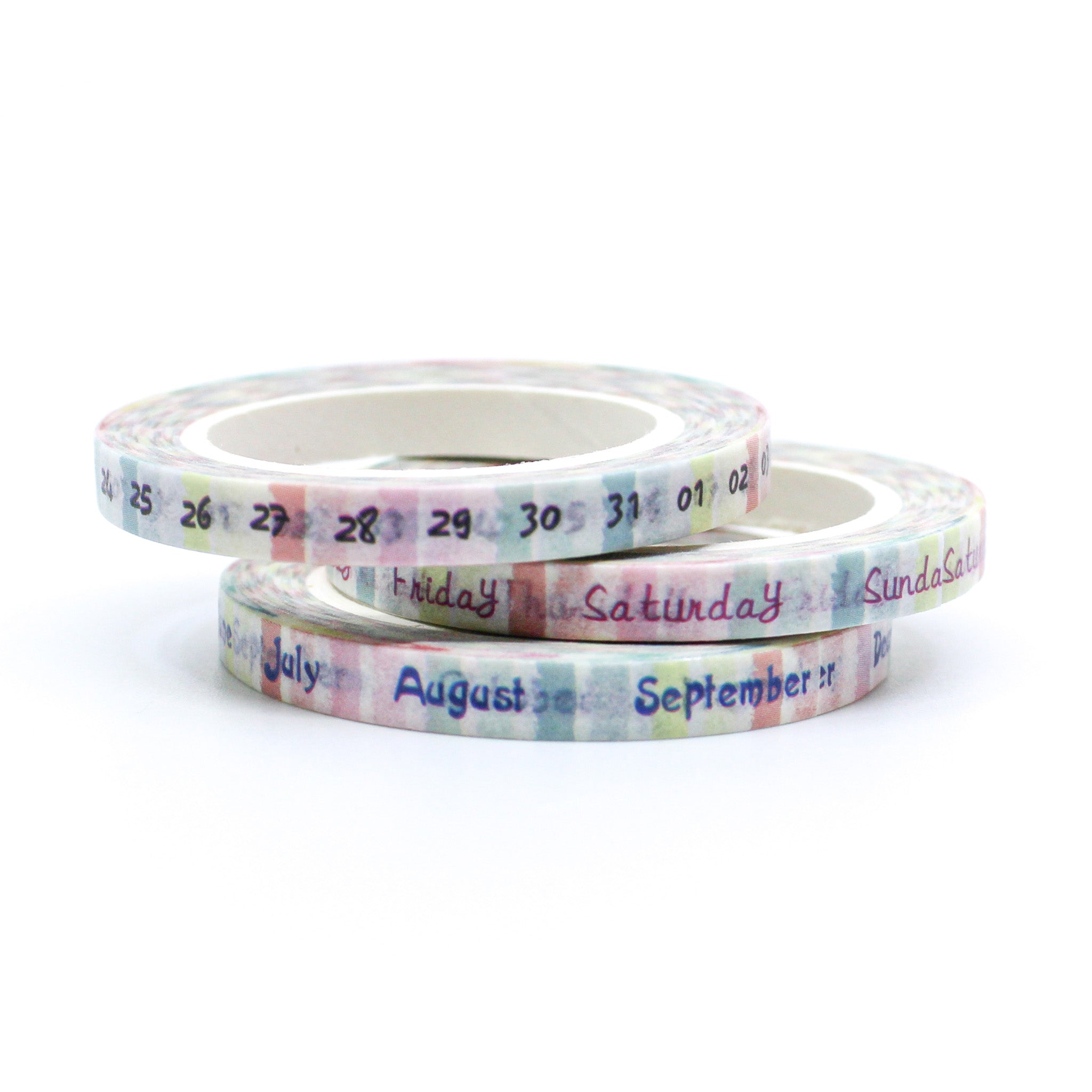 Stay organized with our thin calendar washi tape, featuring the months, days, and weekdays in a sleek and minimalist design, perfect for adding functional and stylish elements to your calendars. These tapes are sold at BBB Supplies Craft Shop.