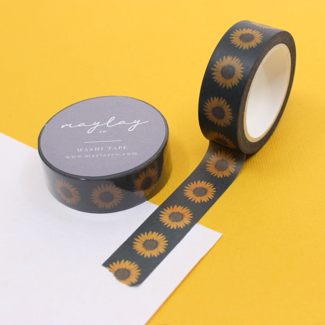 Fall Sunflower and Navy Washi Tape featuring vibrant sunflowers in a fall color palette with navy accents, perfect for adding a touch of autumn to your crafts and projects. This tape is from Maylay Co and sold at BBB Supplies Craft Shop.