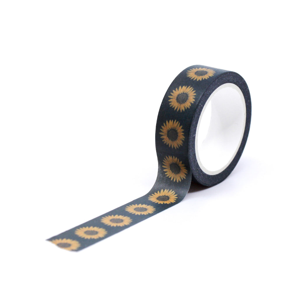 Fall Sunflower and Navy Washi Tape featuring vibrant sunflowers in a fall color palette with navy accents, perfect for adding a touch of autumn to your crafts and projects. This tape is from Maylay Co and sold at BBB Supplies Craft Shop.
