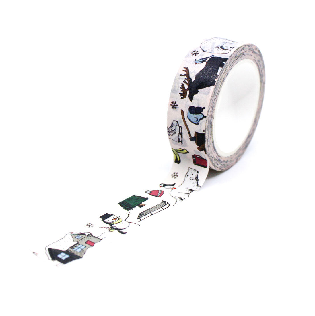 Storybook-style washi tape with arctic animals and cabins for festive journaling, wrapping, and Bujo spreads.