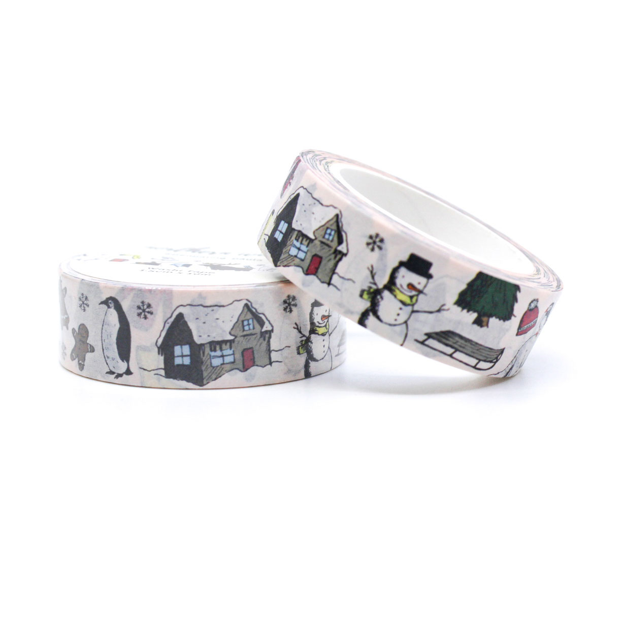 Cozy winter washi tape with polar bears, snowflakes, and forest scenes on light blush background.