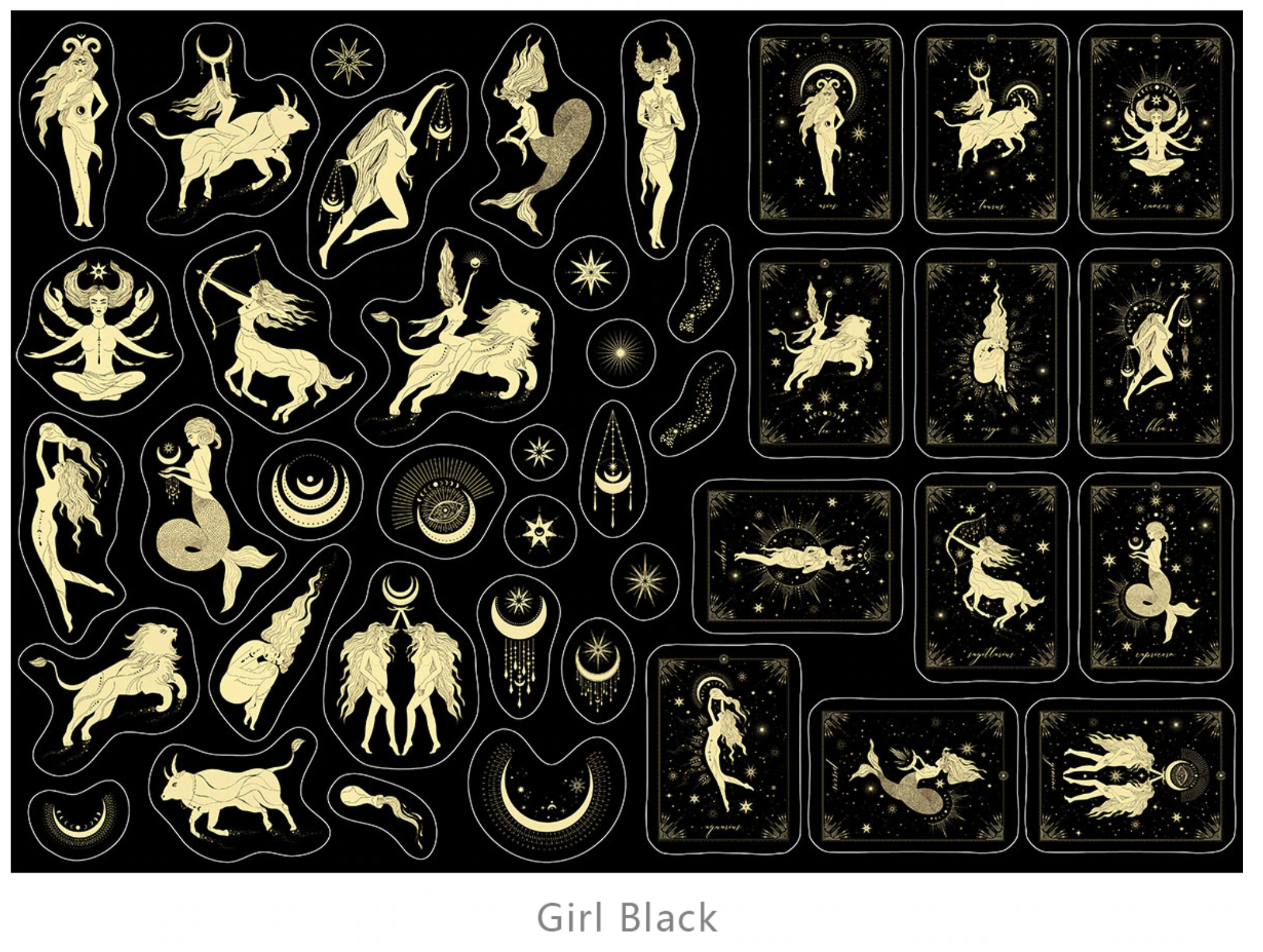 Elegant spiritual stickers with tarot designs and celestial symbols