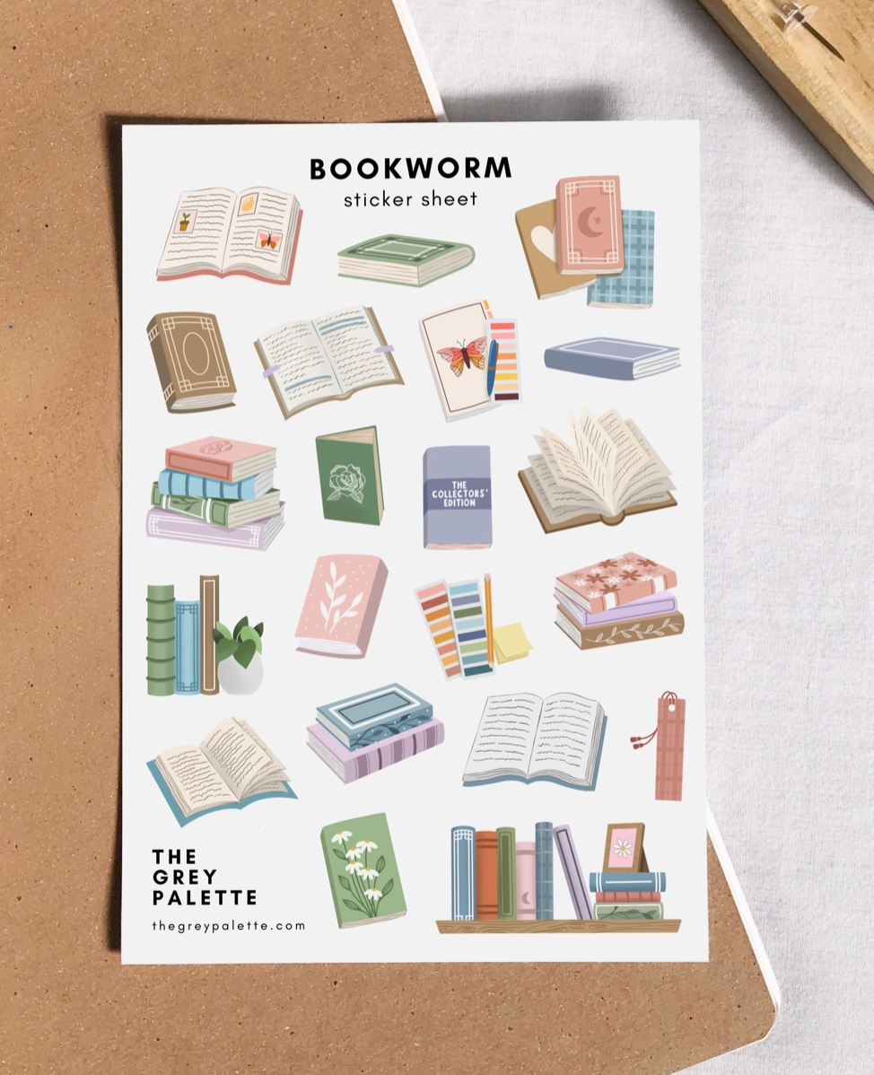 Sticker sheet with book-themed designs like stacks of books, glasses, teacups, and cozy bookworm characters for journaling and crafts.