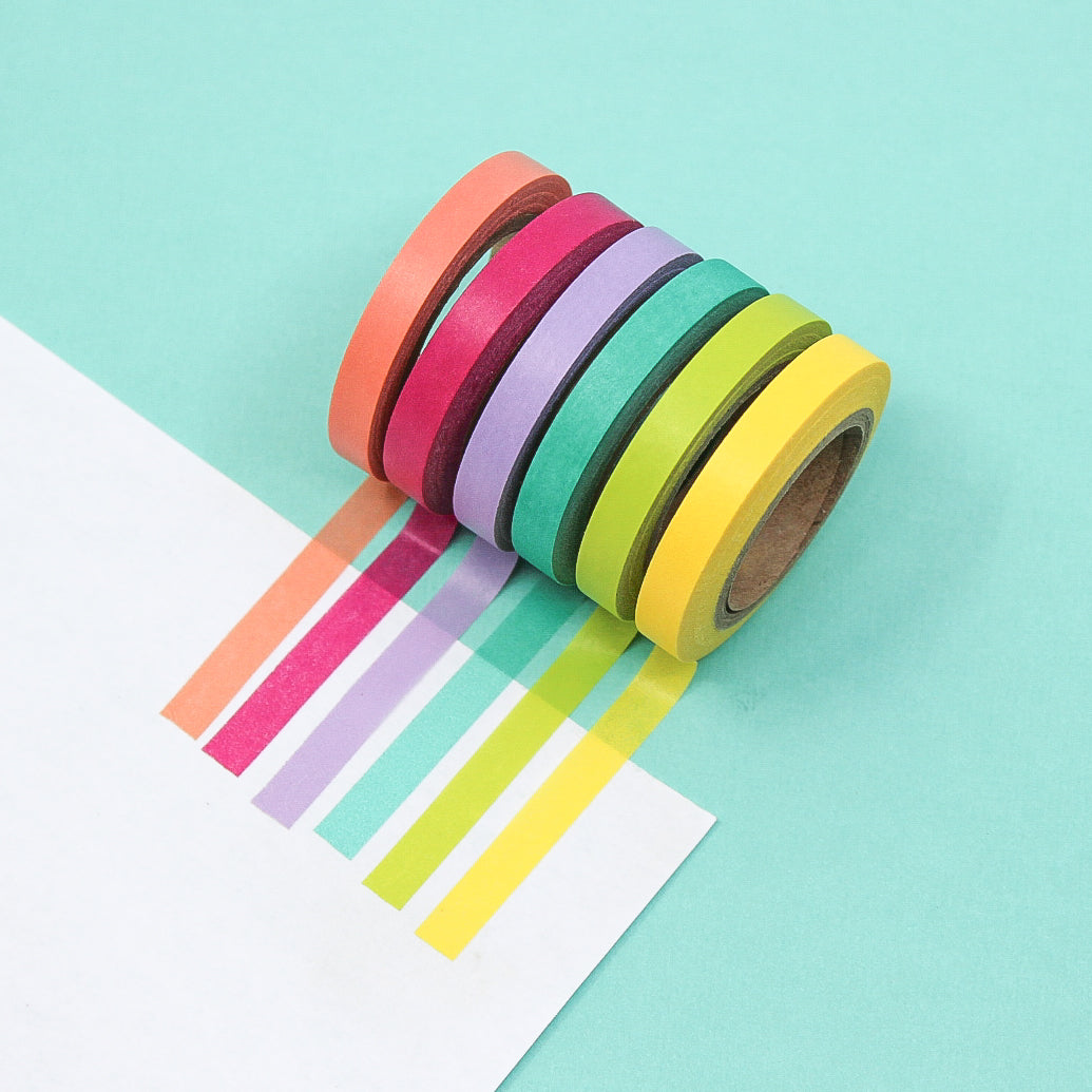 Add a touch of the tropics to your crafts with our Tropical Color Narrow Solid Washi Tape Set. This set includes an array of vibrant and narrow solid color washi tapes, perfect for adding a burst of color and creativity to your projects. This tape is sold at BBB Supplies Craft Shop.