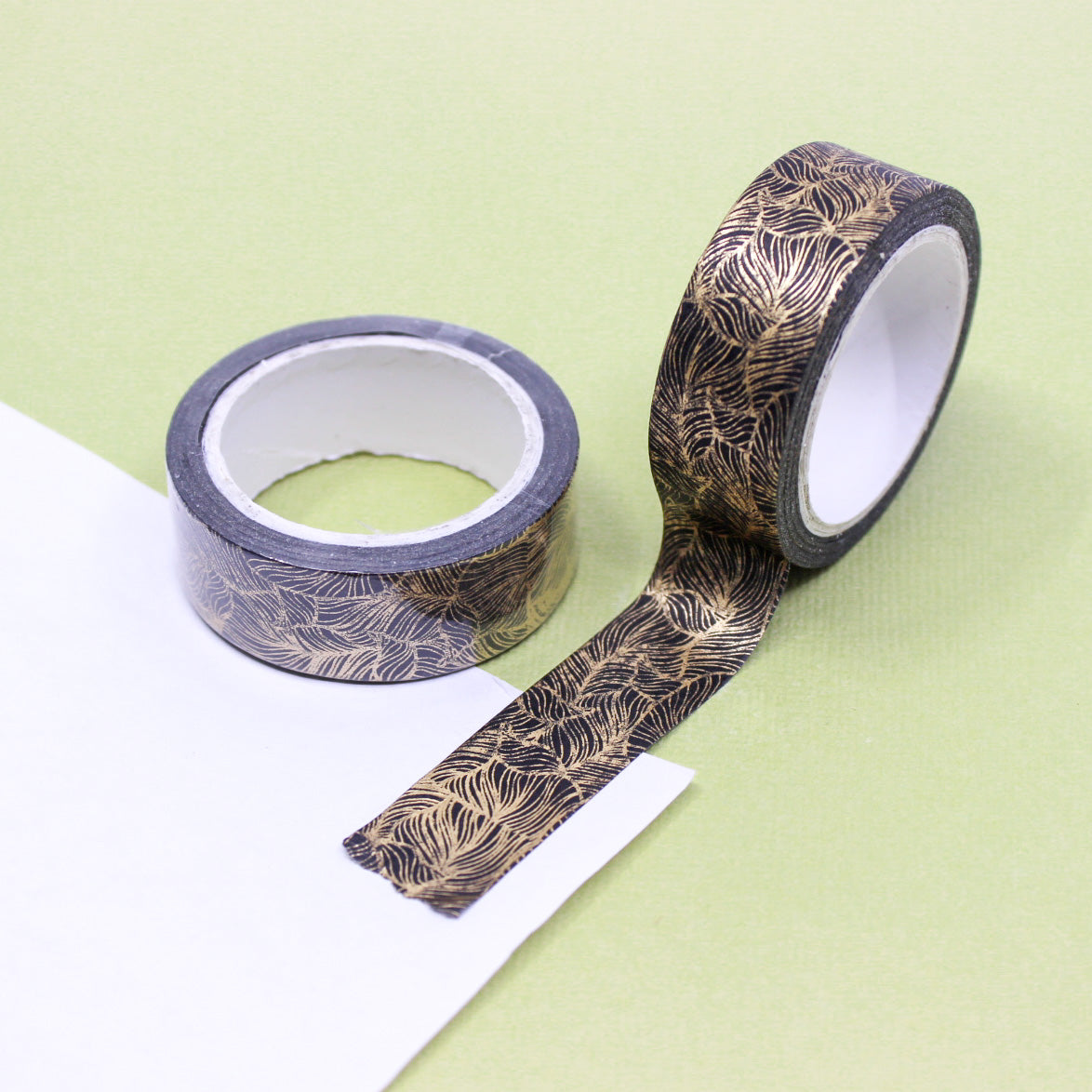 Gold foil black feather pattern washi tape roll for journaling and crafts