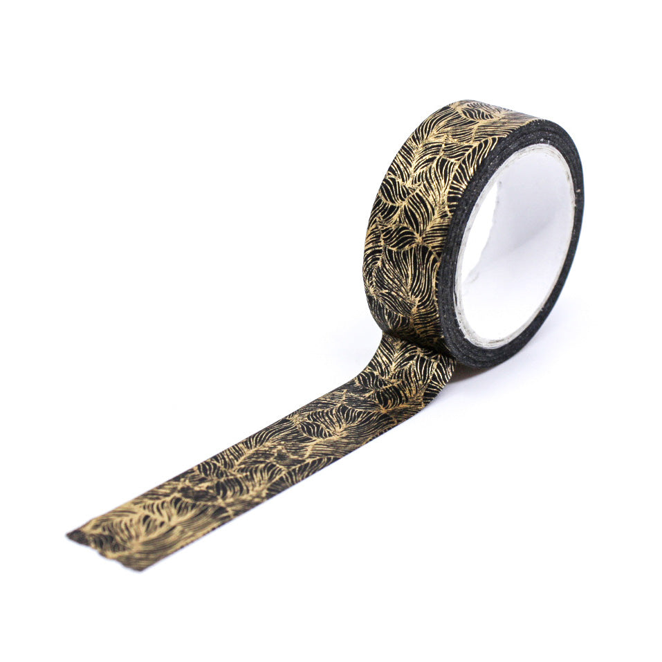 Elegant black washi tape with metallic gold feather design
