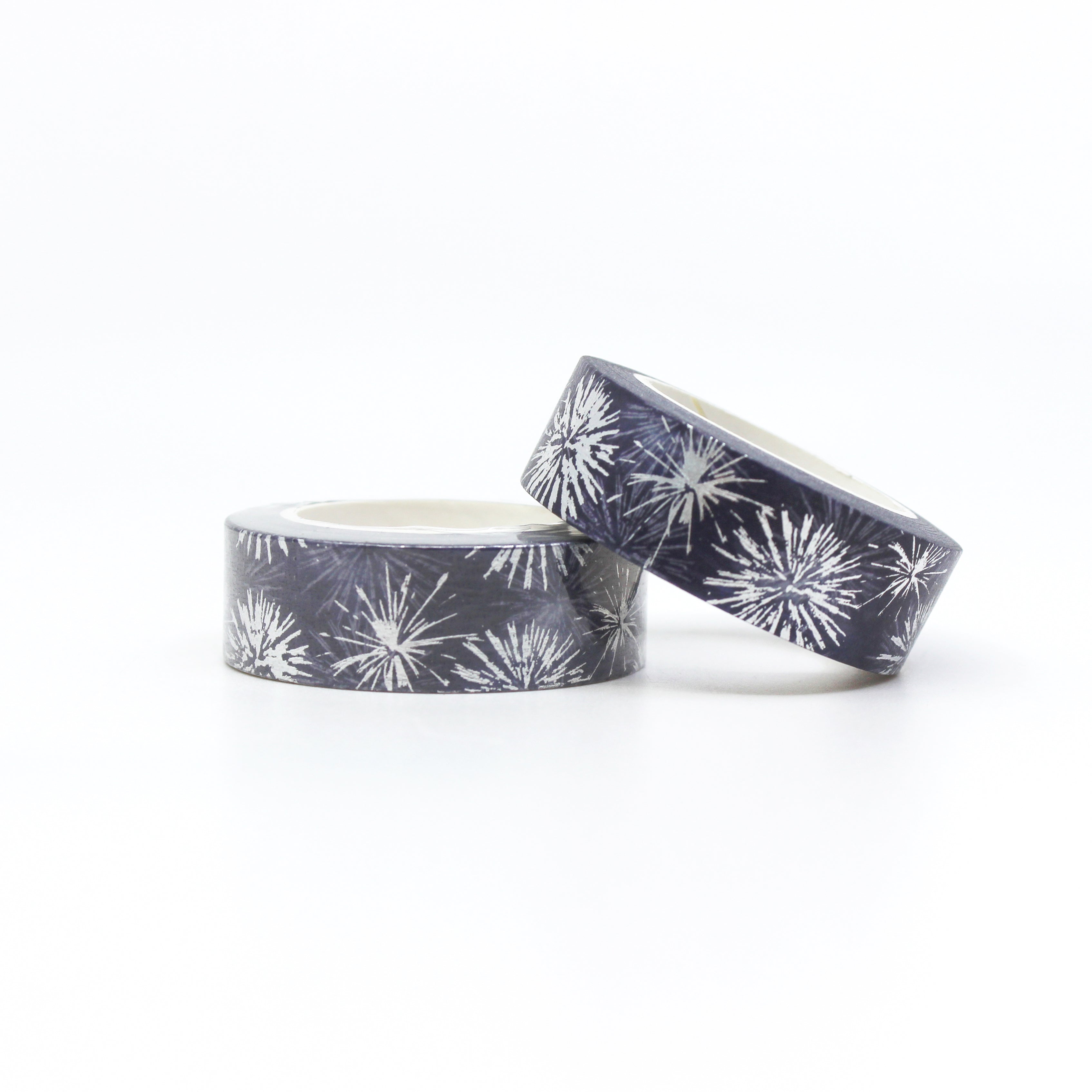 Celebrate in style with our dazzling silver foil and blue fireworks washi tape, perfect for Fourth of July or New Year's crafts. This tape is sold at BBB Supplies Craft Shop.