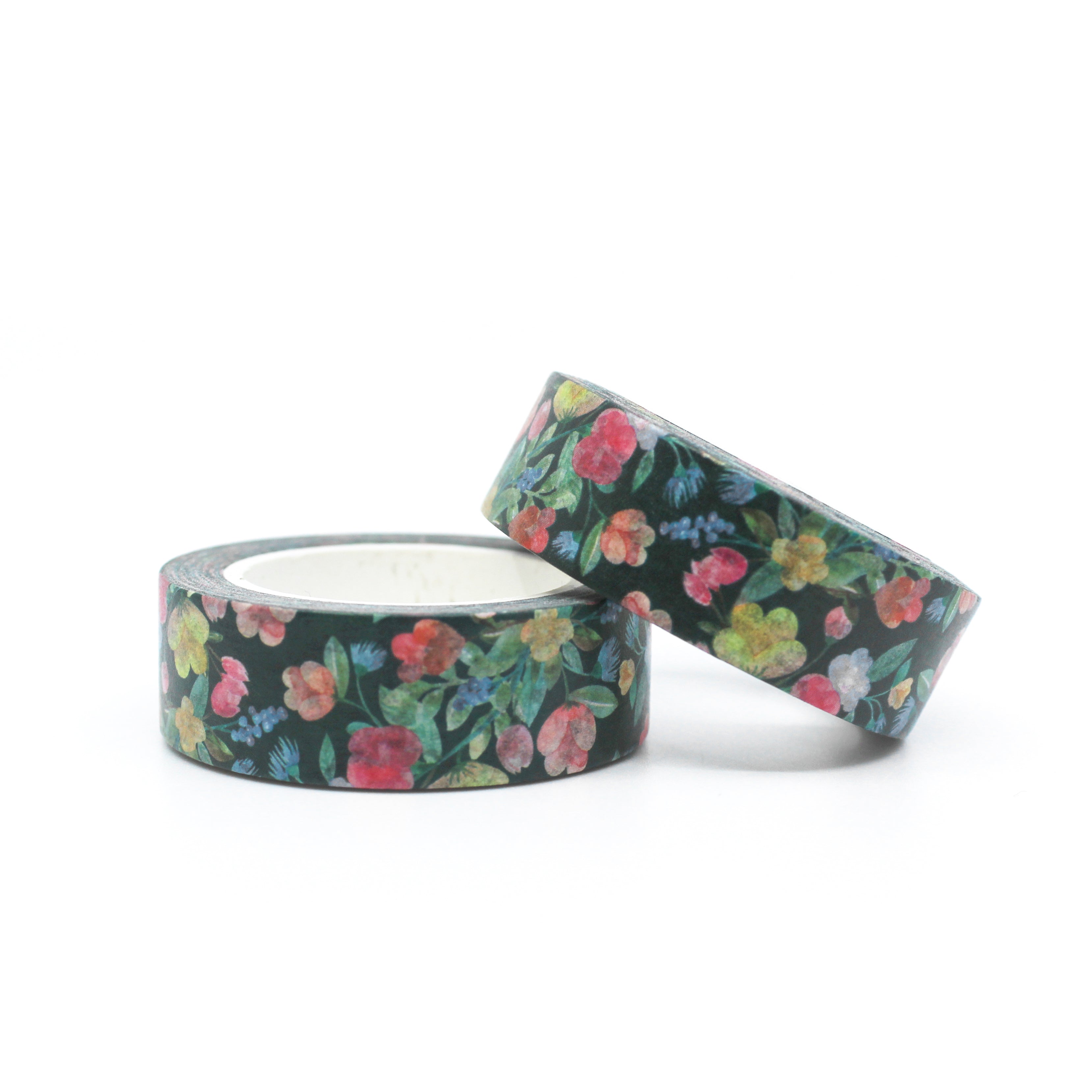 Infuse vibrance into your projects with our striking bright flower on black background washi tape, adding a pop of color to your creations. This floral tape is sold at BBB Supplies Craft Shop.