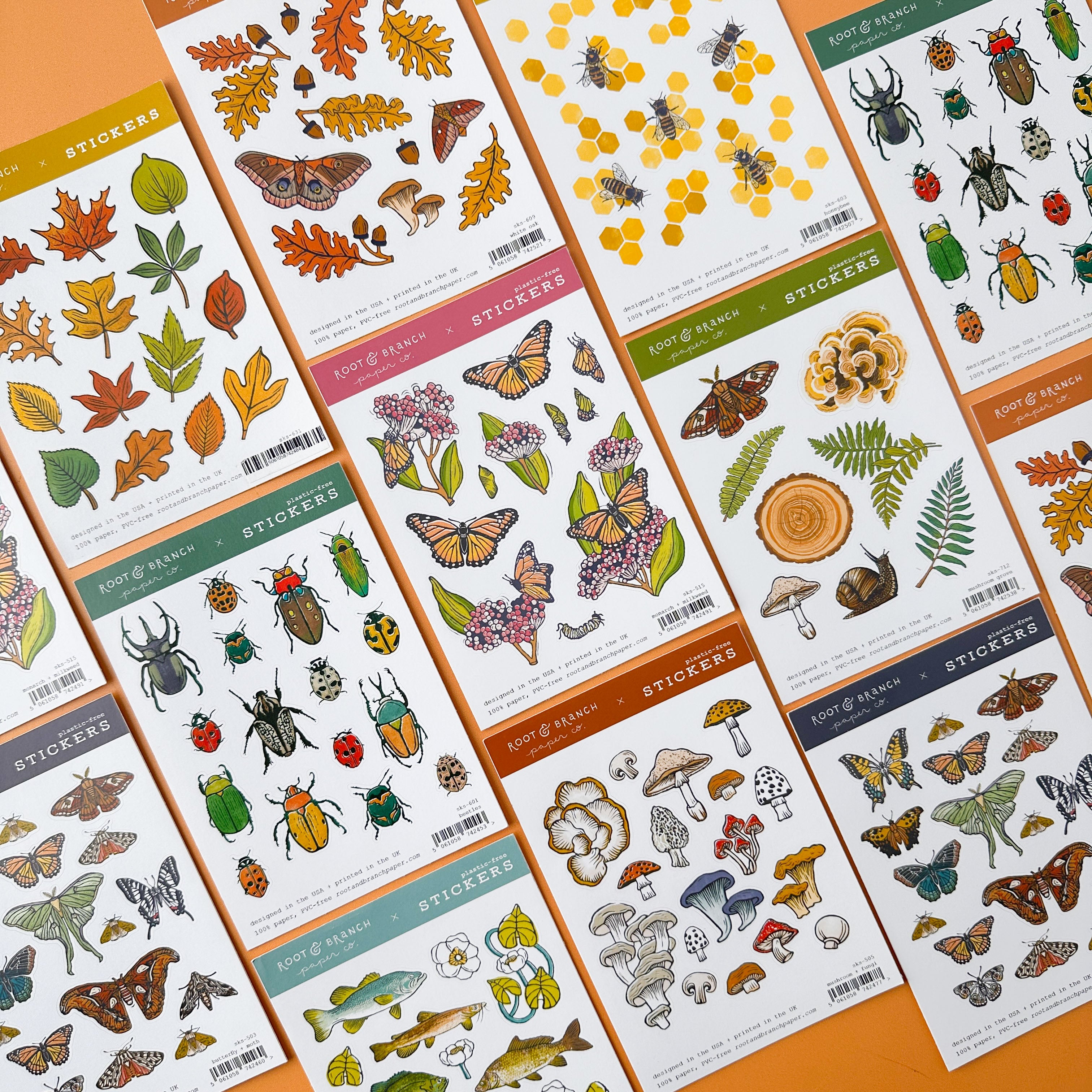 Sticker sheets featuring woodland animals, greenery, mushrooms, and nature-themed illustrations perfect for journals, planners, and crafting.