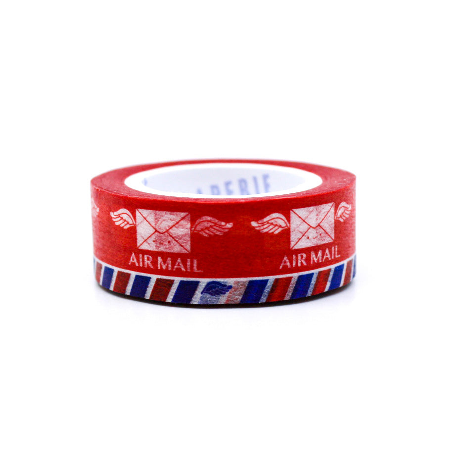 "Traditional Air Mail Washi Tape" showcases classic red and blue stripes with air mail motifs, perfect for adding a vintage touch to your correspondence, scrapbooking, and craft projects.