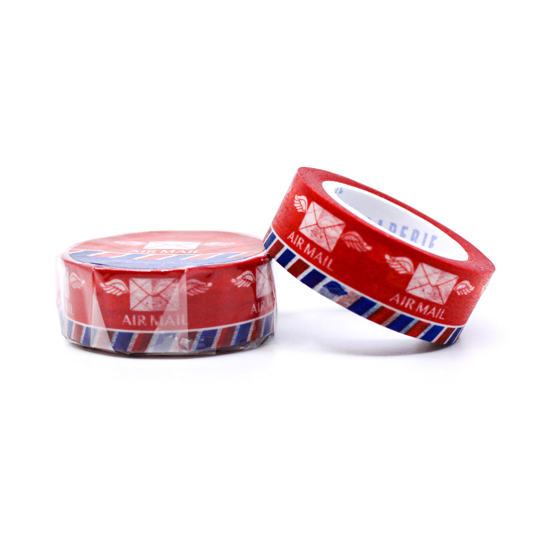  "Traditional Air Mail Washi Tape" showcases classic red and blue stripes with air mail motifs, perfect for adding a vintage touch to your correspondence, scrapbooking, and craft projects.