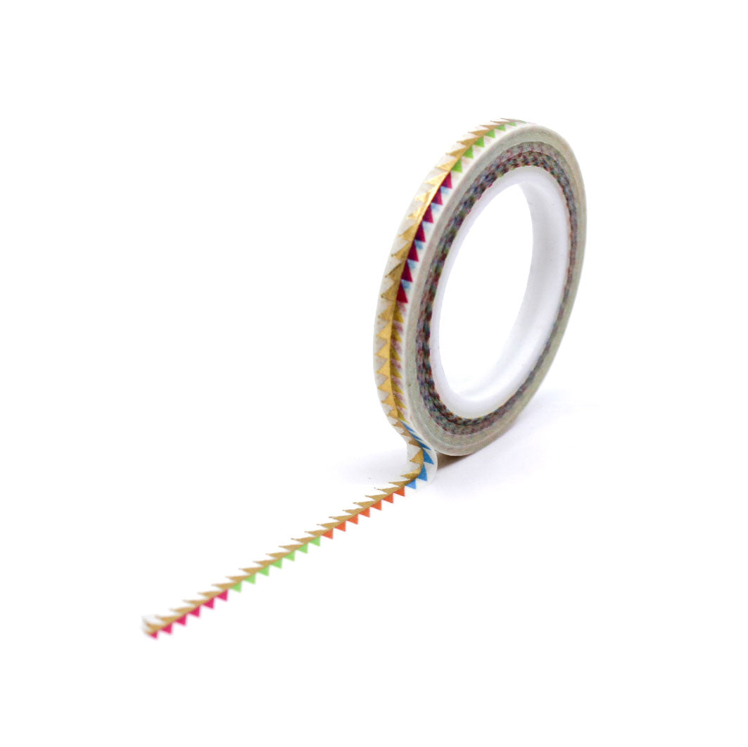 Gold-foiled triangle patterned washi tape displayed on aqua background.