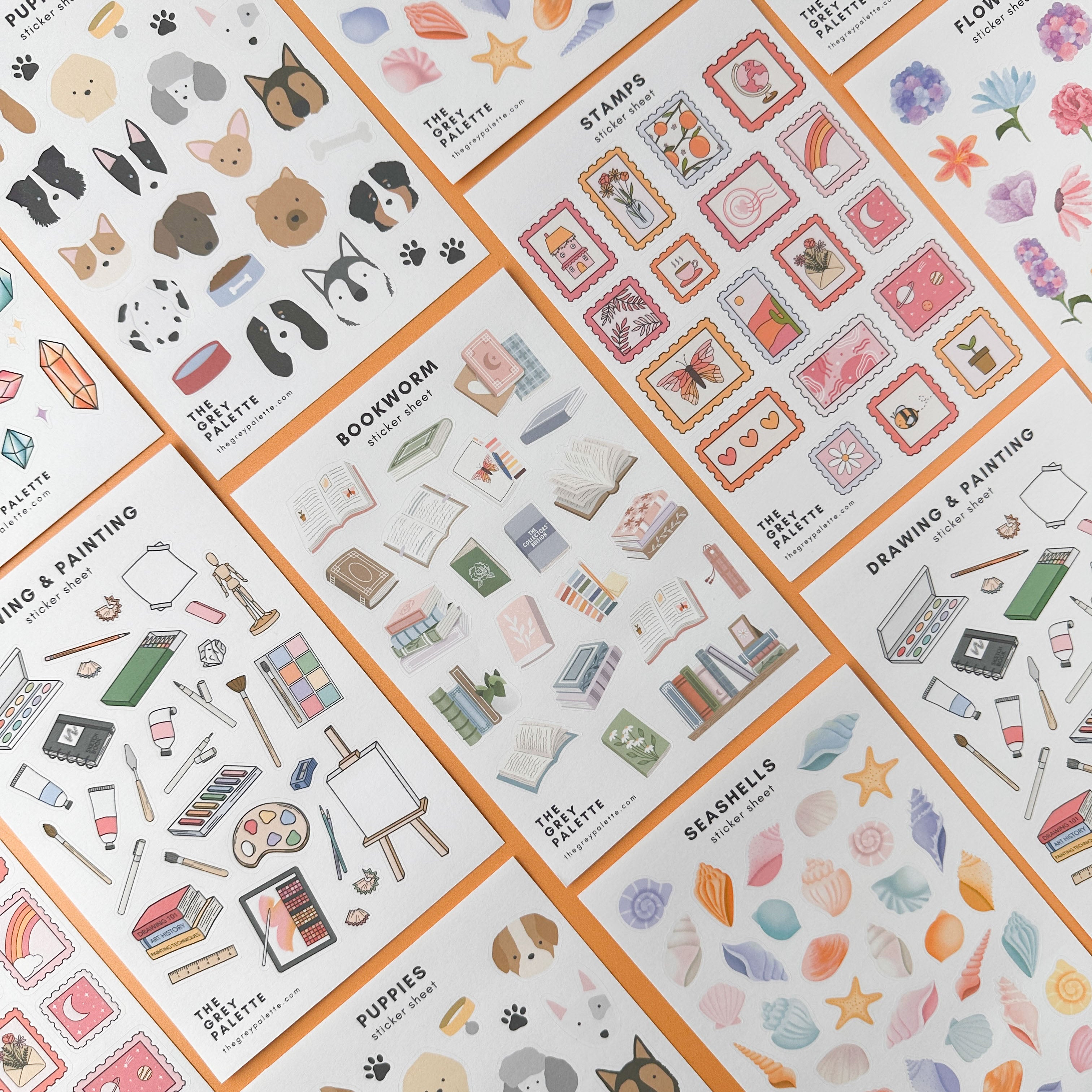 The Grey Palette Sticker sheet featuring dogs, love stamps, bookworm, drawing and crafts, and more