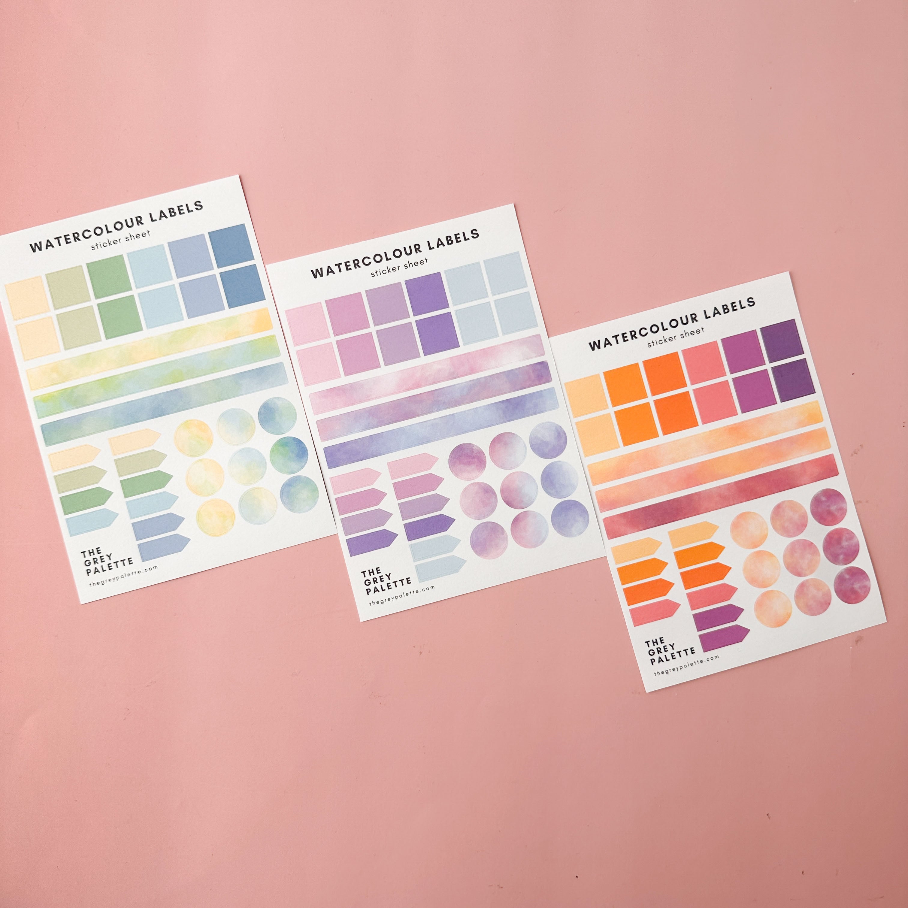 three variaties Watercolor planner sticker sheets with assorted labels in square, rectangle, arrow, and circle shapes in soft, pastel tones.