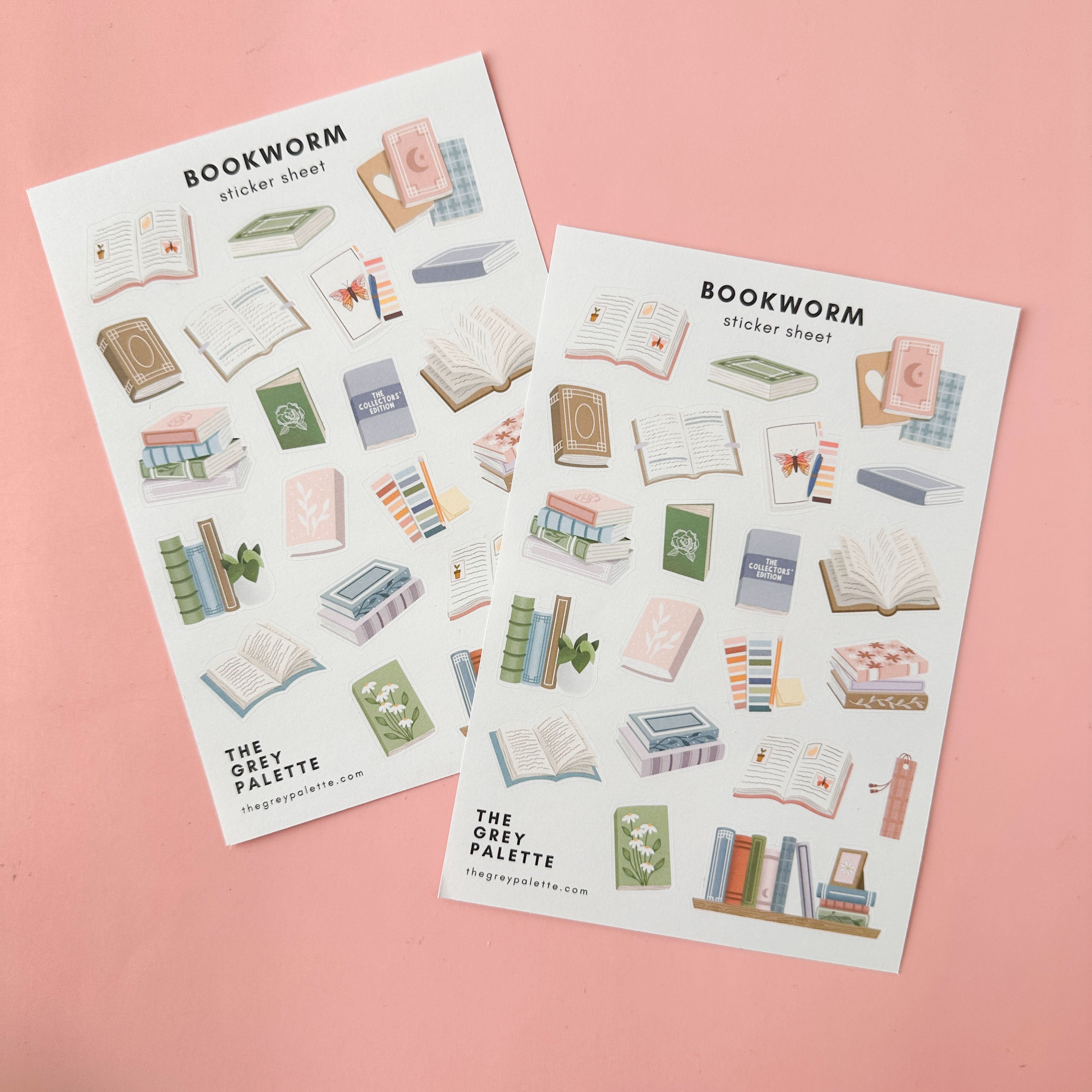 Sticker sheet with book-themed designs like stacks of books, bookmarks, and cozy bookworm shelves for journaling and crafts.
