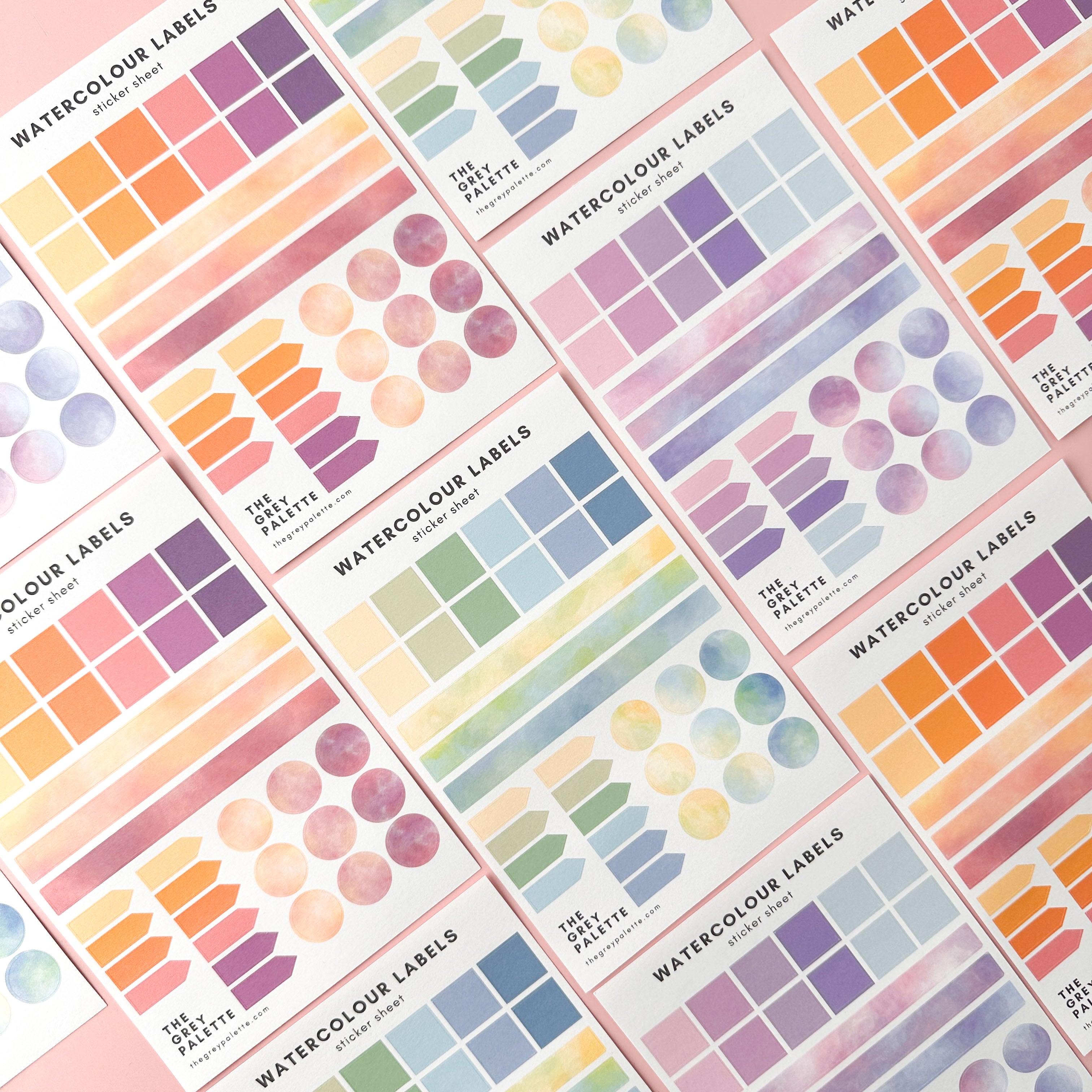 Our watercolor label sticker sheets for your bujo and journal planners.