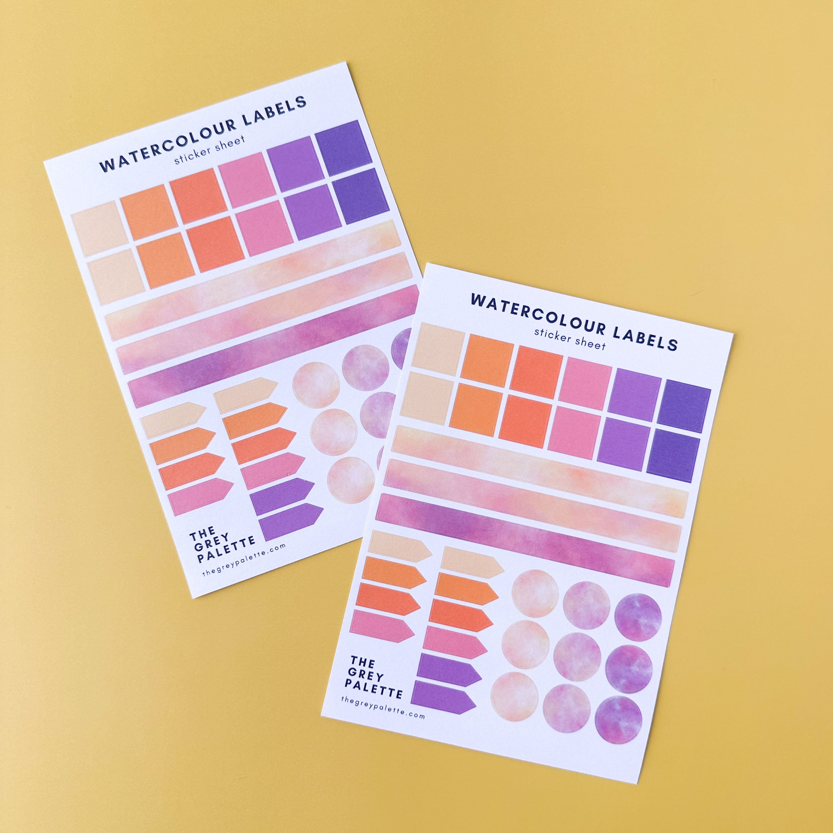 Orange to purple coloway Watercolor labels sticker sheets featuring squares, long labels, arrow pointers, and circles in three different pastel watercolor shades, ideal for journaling and planning.